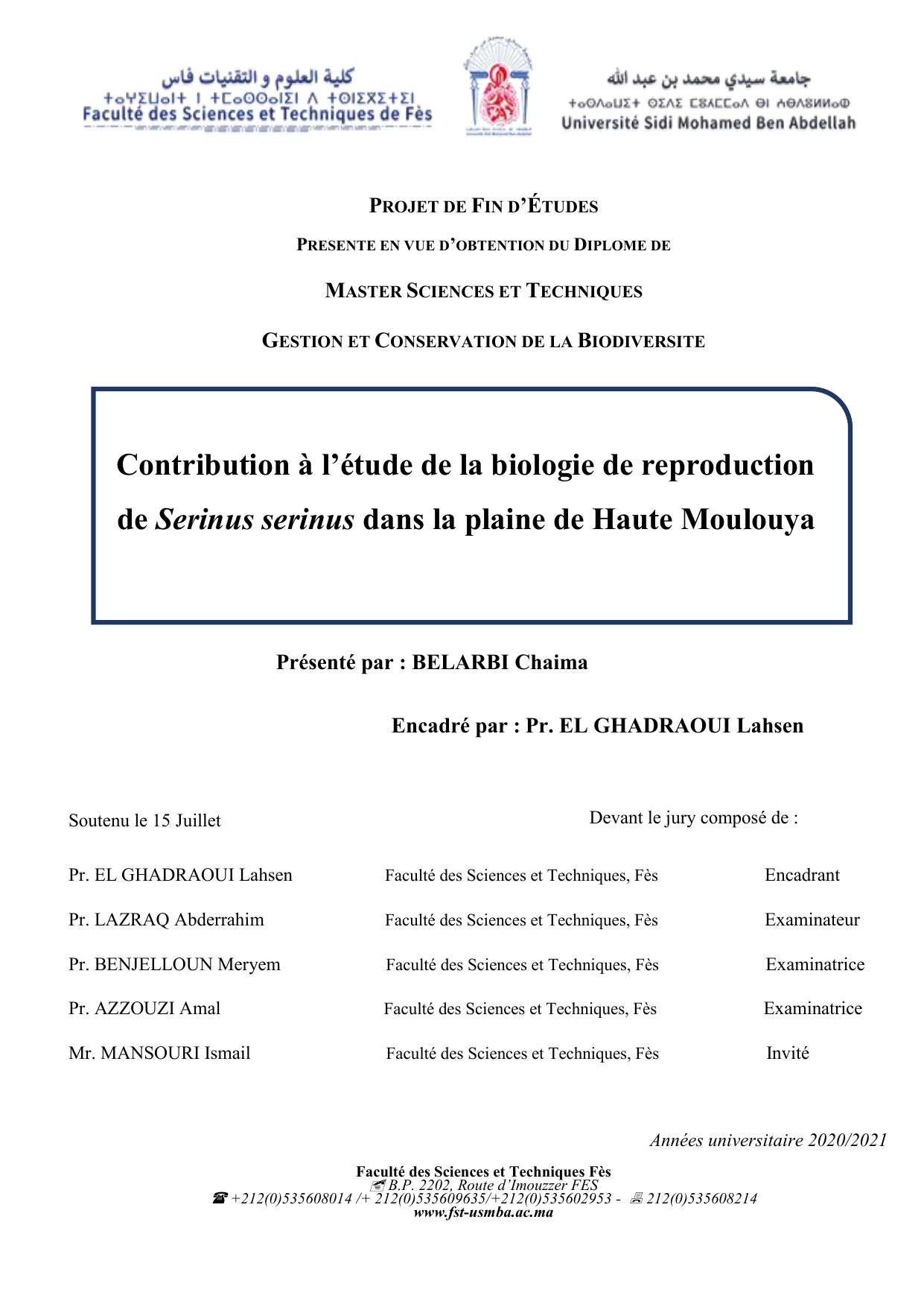 Contribution à l’étude de la biologie de reproduction de Serinus serinus dans la plaine de Haute Moulouya