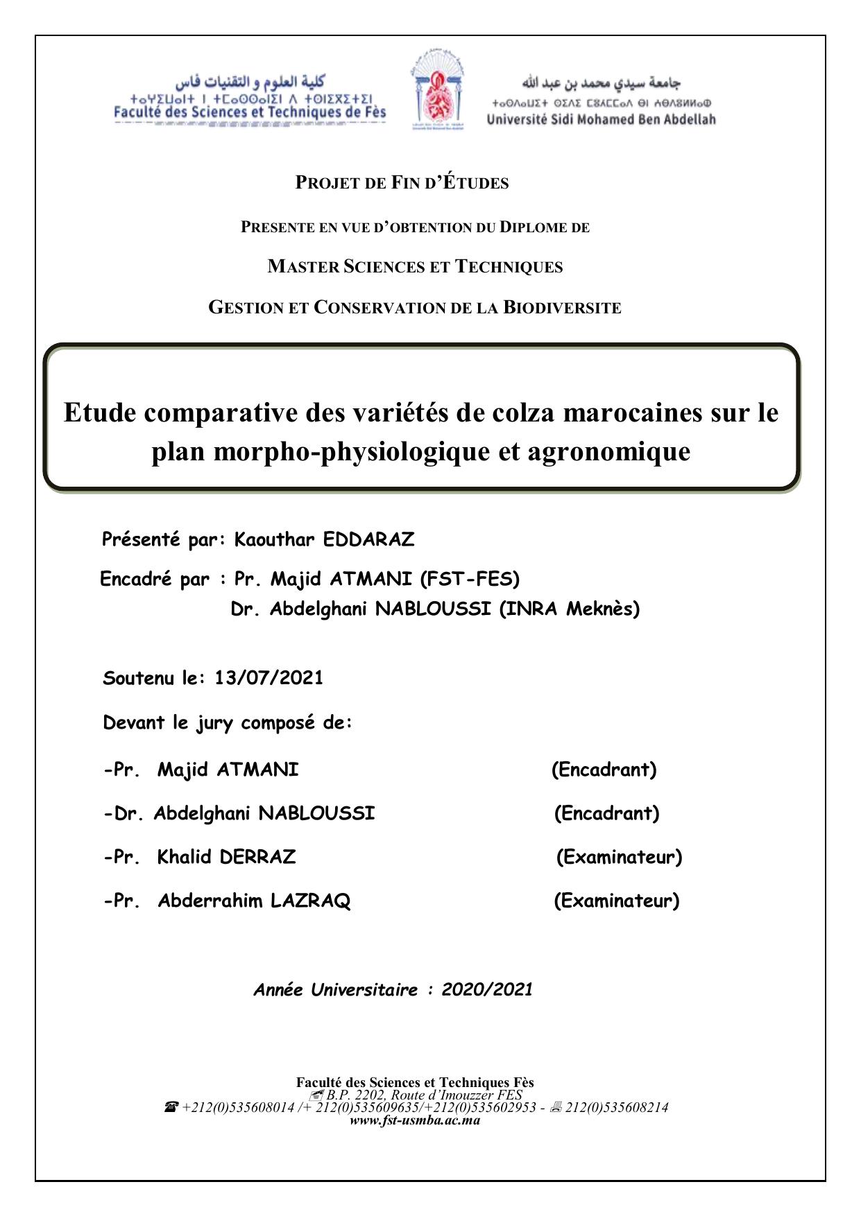 Etude comparative des variétés de colza marocaines sur le plan morpho-physiologique et agronomique