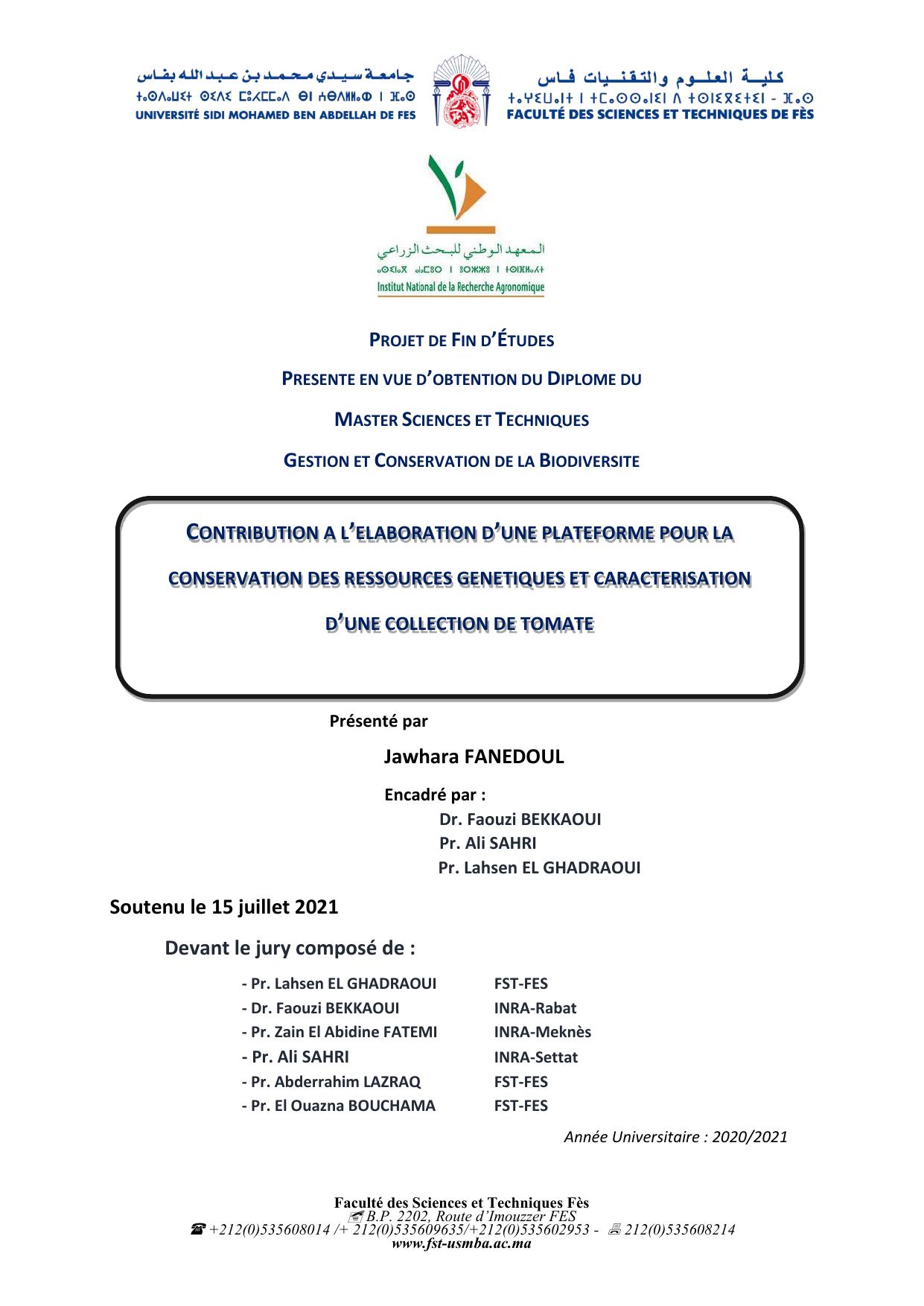 CONTRIBUTION A L’ELABORATION D’UNE PLATEFORME POUR LA CONSERVATION DES RESSOURCES GENETIQUES ET CARACTERISATION D’UNE COLLECTION DE TOMATE