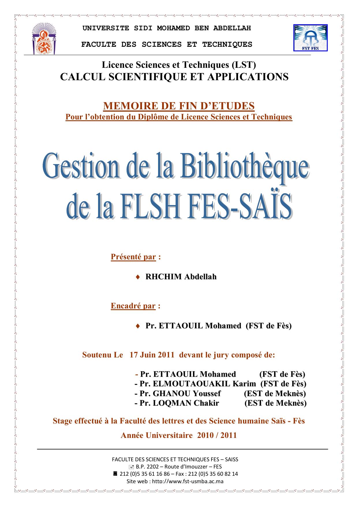 Gestion de la bibliothèque des la FLSH Fès-Saïs