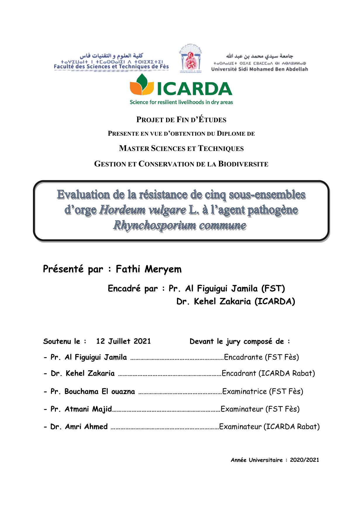 Evaluation de la résistance de cinq sous-ensembled'orge Hordeum vulgare L. à l'agent pathogène Rhynchosporium commune