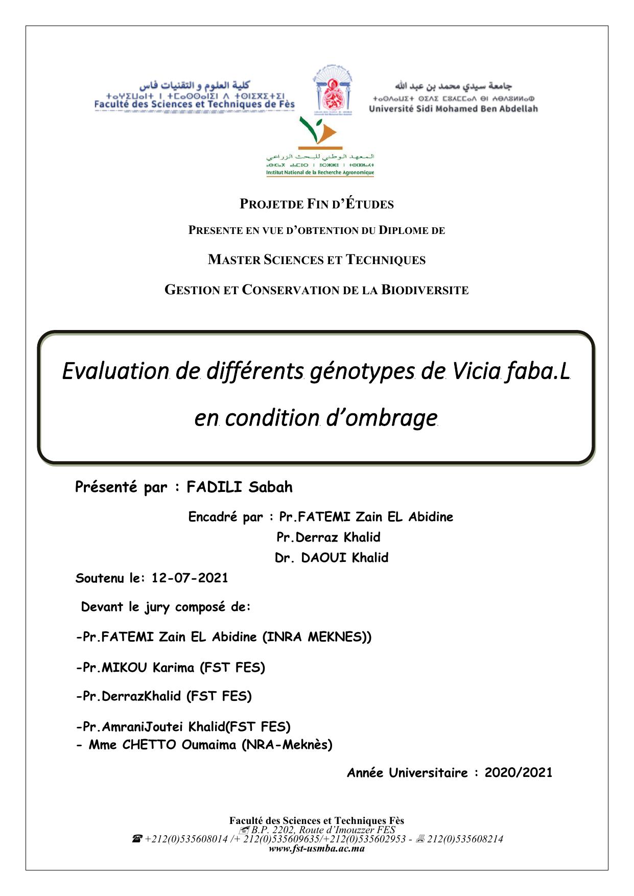 Evaluation de différents génotypes de Vicia faba.L en condition d’ombrage