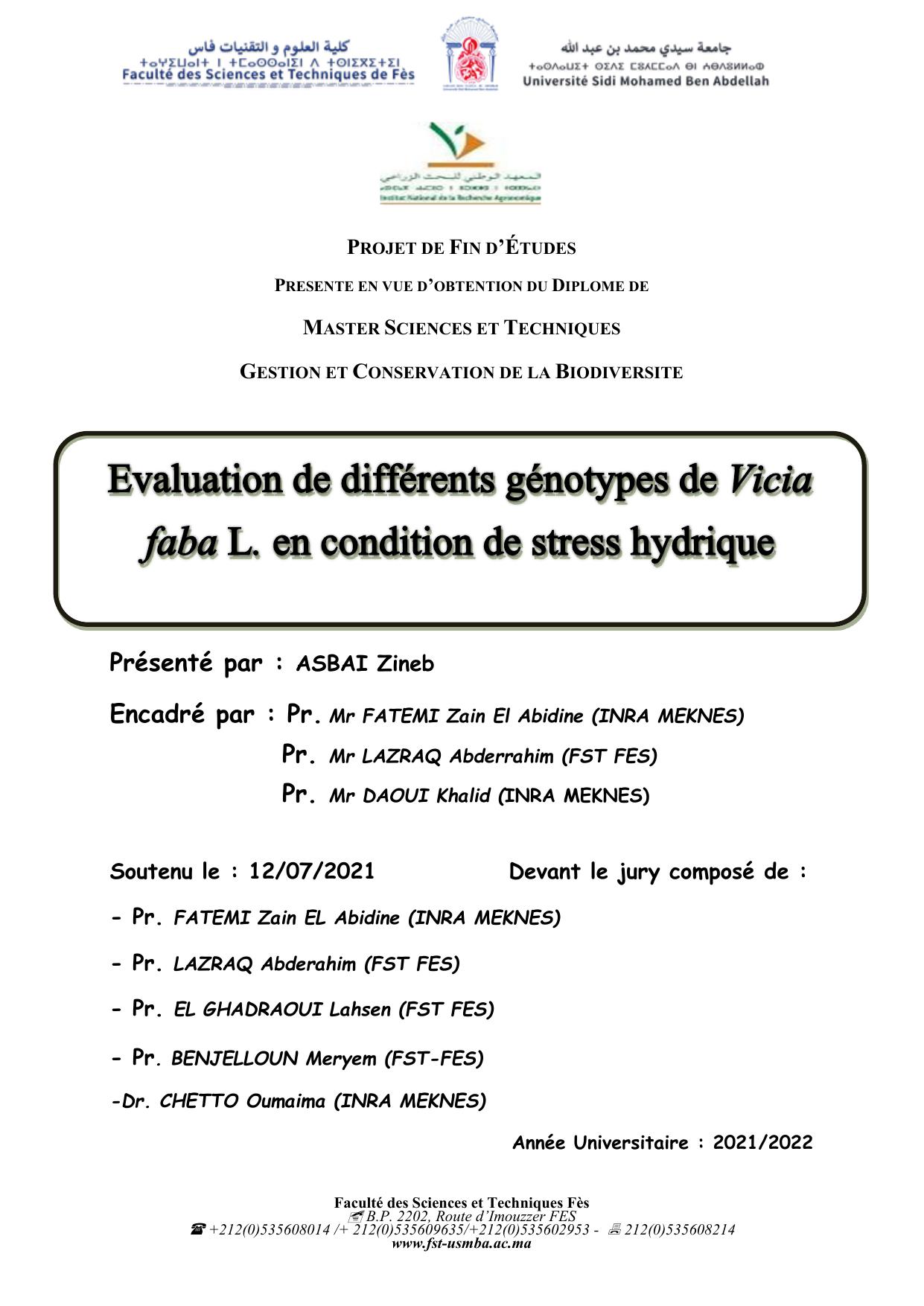 Evaluation de différents génotypes de Vicia faba L. en condition de stress hydrique