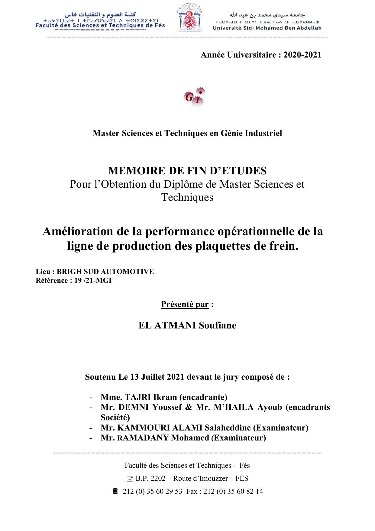 Amélioration de la performance opérationnelle de la ligne de production des plaquettes de frein