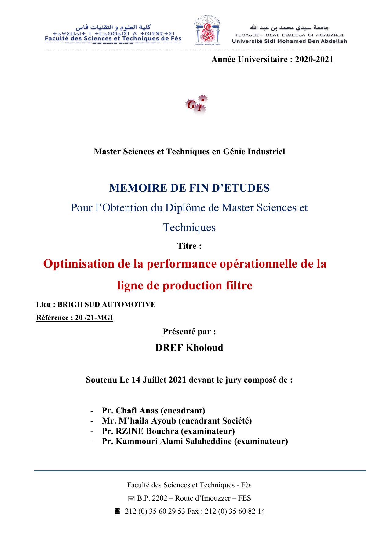 Optimisation de la performance opérationnelle de la ligne de production filtre