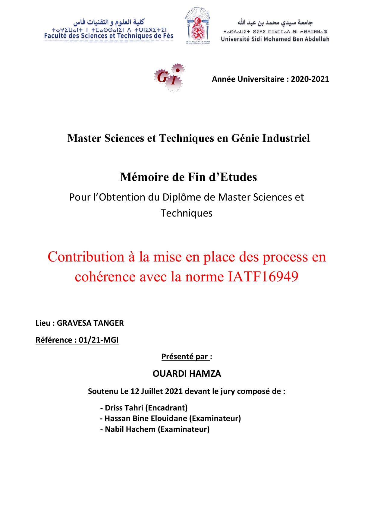 Contribution à la mise en place des process en cohérence avec la norme IATF16949