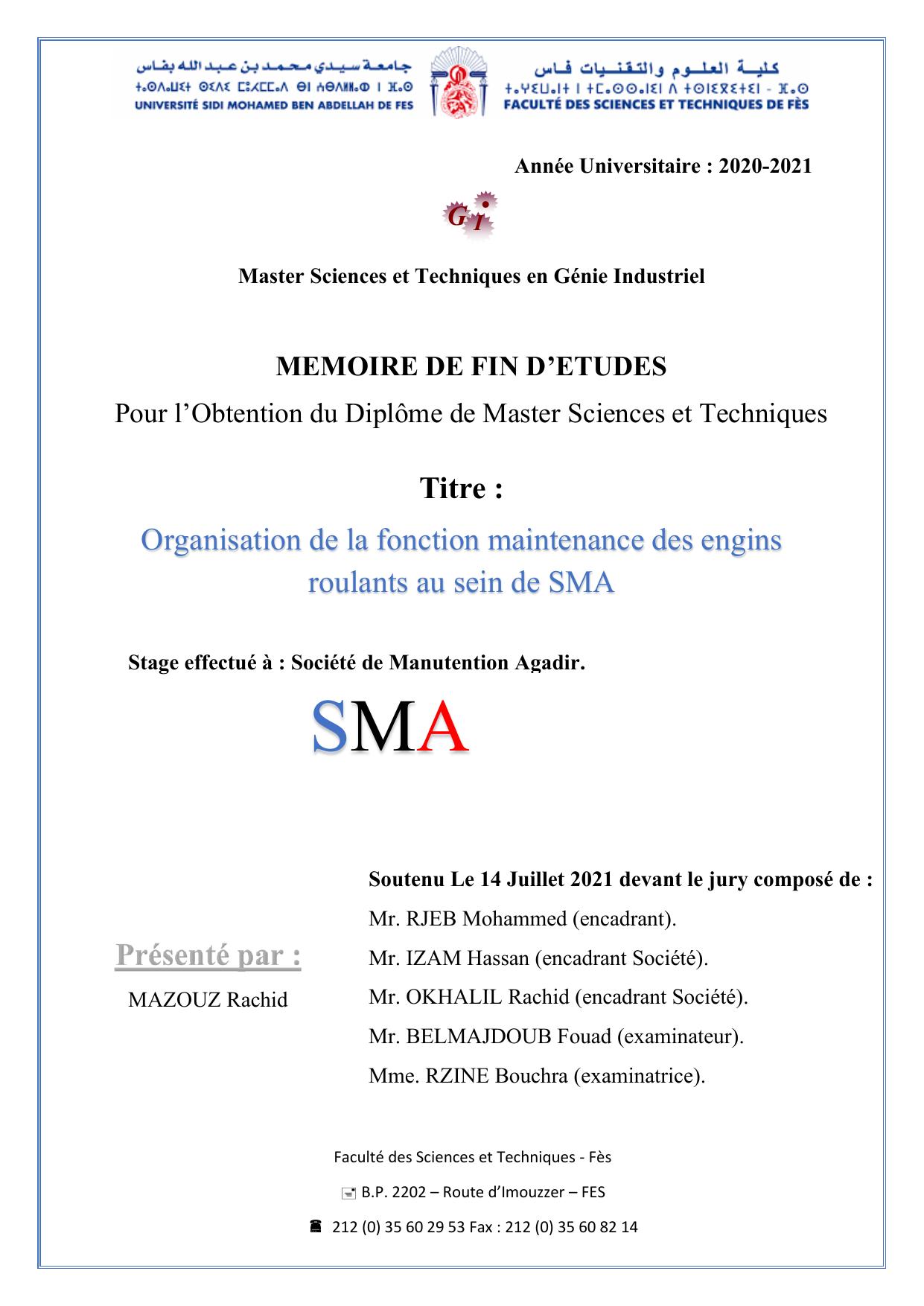 Organisation de la fonction maintenance des engins roulants au sein de SMA