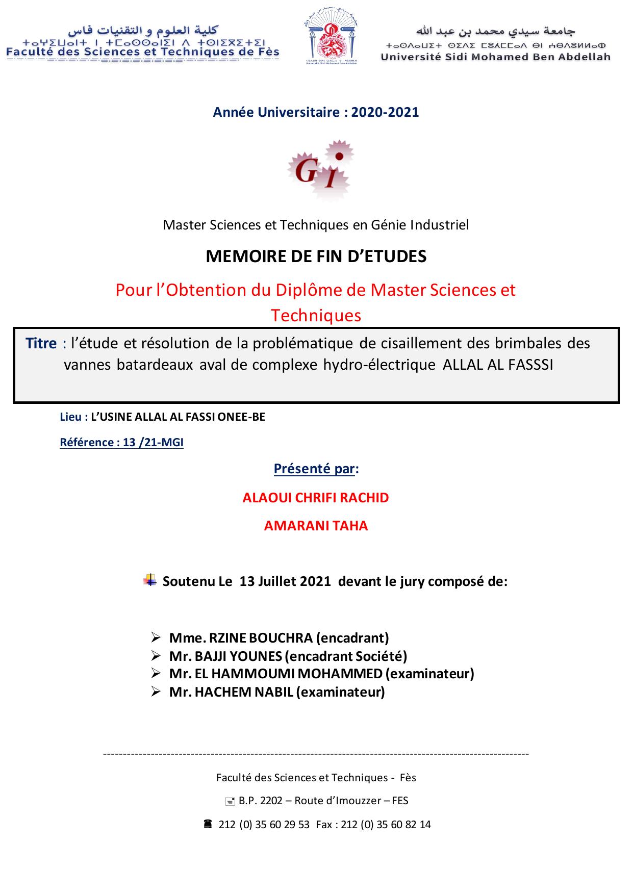 l’étude et résolution de la problématique de cisaillement des brimbales des vannes batardeaux aval de complexe hydro-électrique ALLAL AL FASSSI