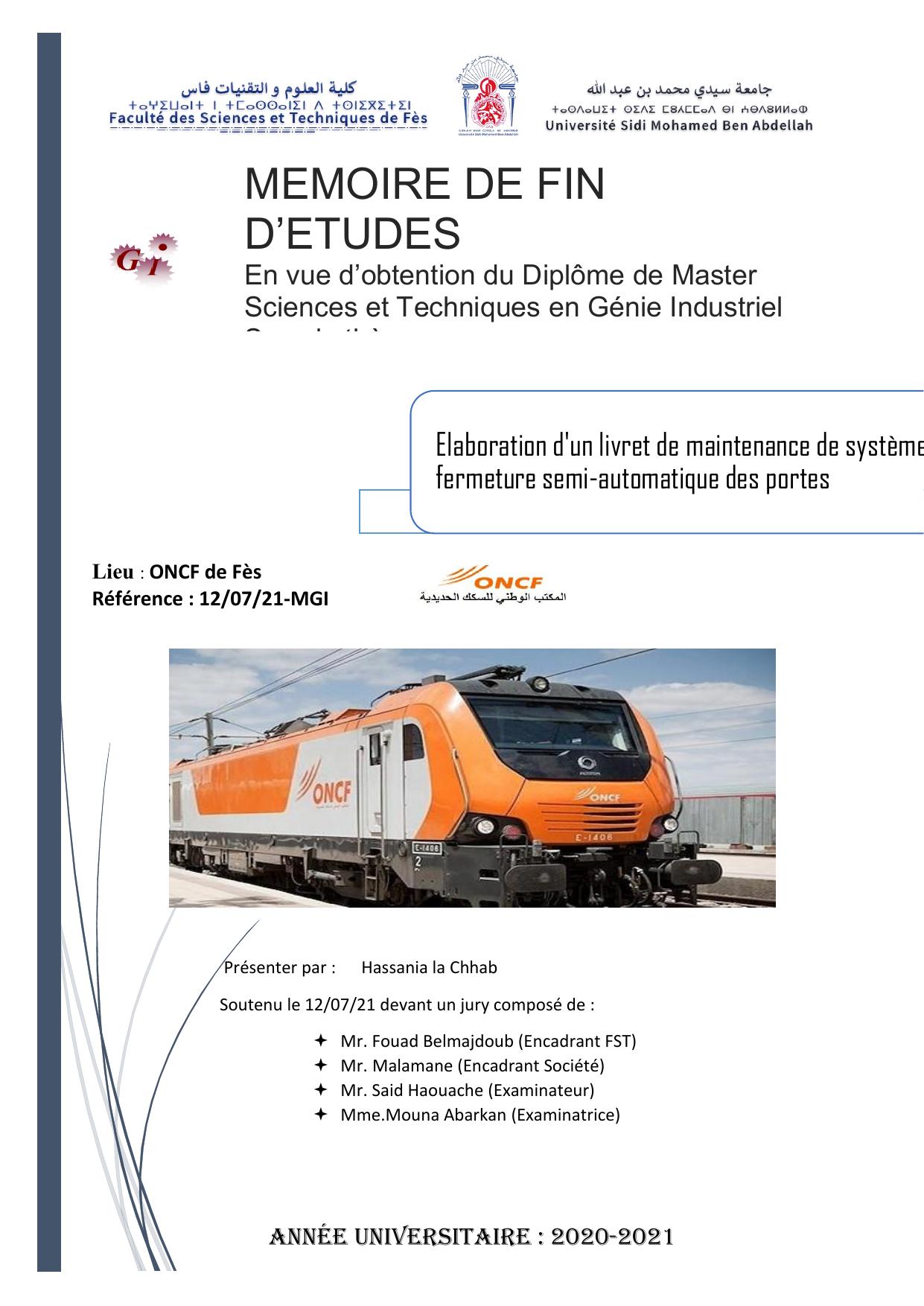 Elaboration d'un livret de maintenance de systèmefermeture semi-automatique des portes