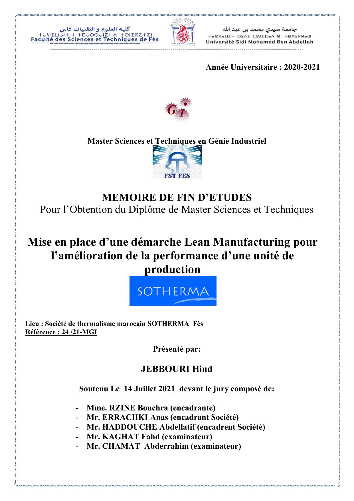 Mise en place d’une démarche Lean Manufacturing pour l’amélioration de la performance d’une unité de production