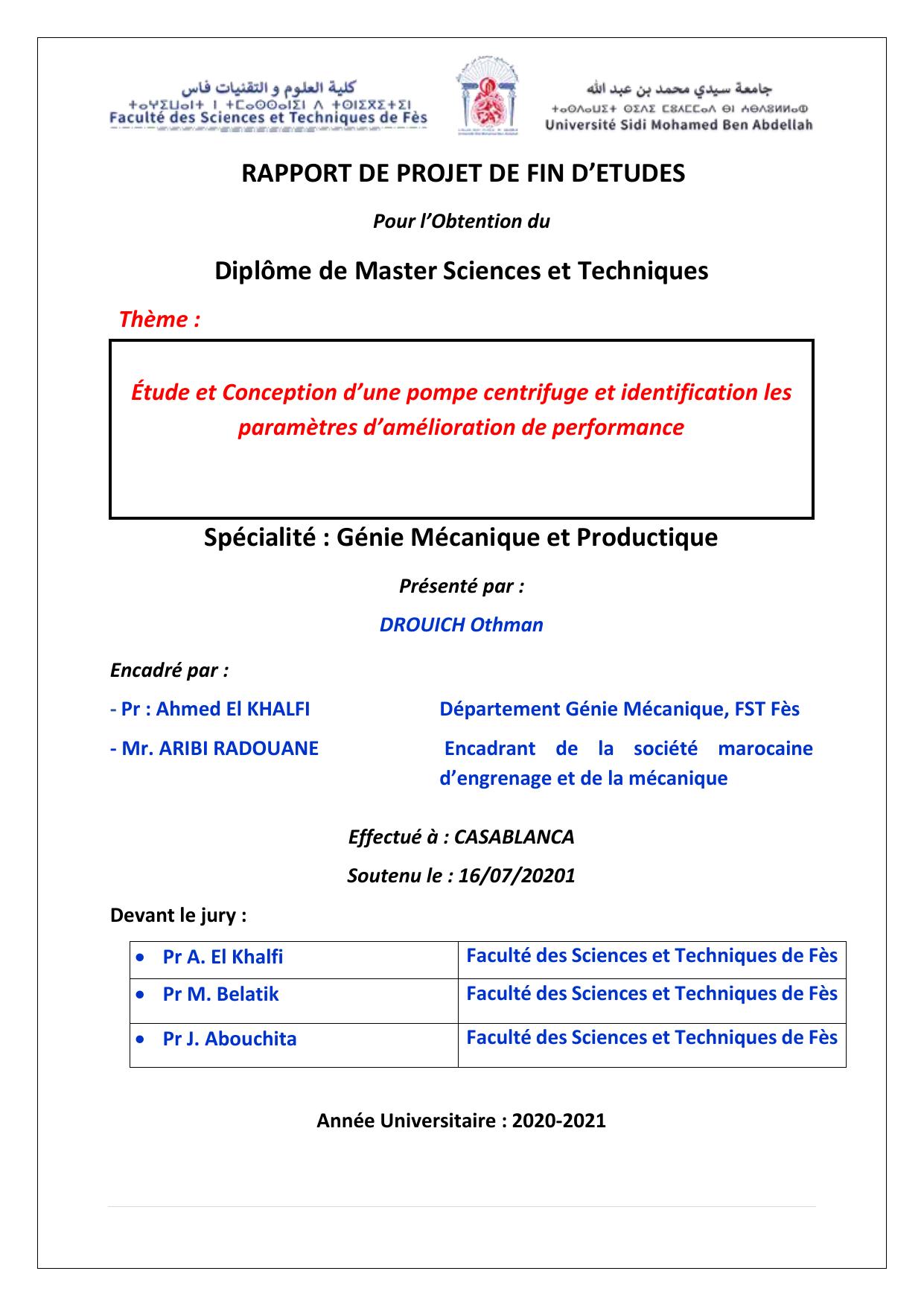 Étude et Conception d’une pompe centrifuge et identification les paramètres d’amélioration de performance