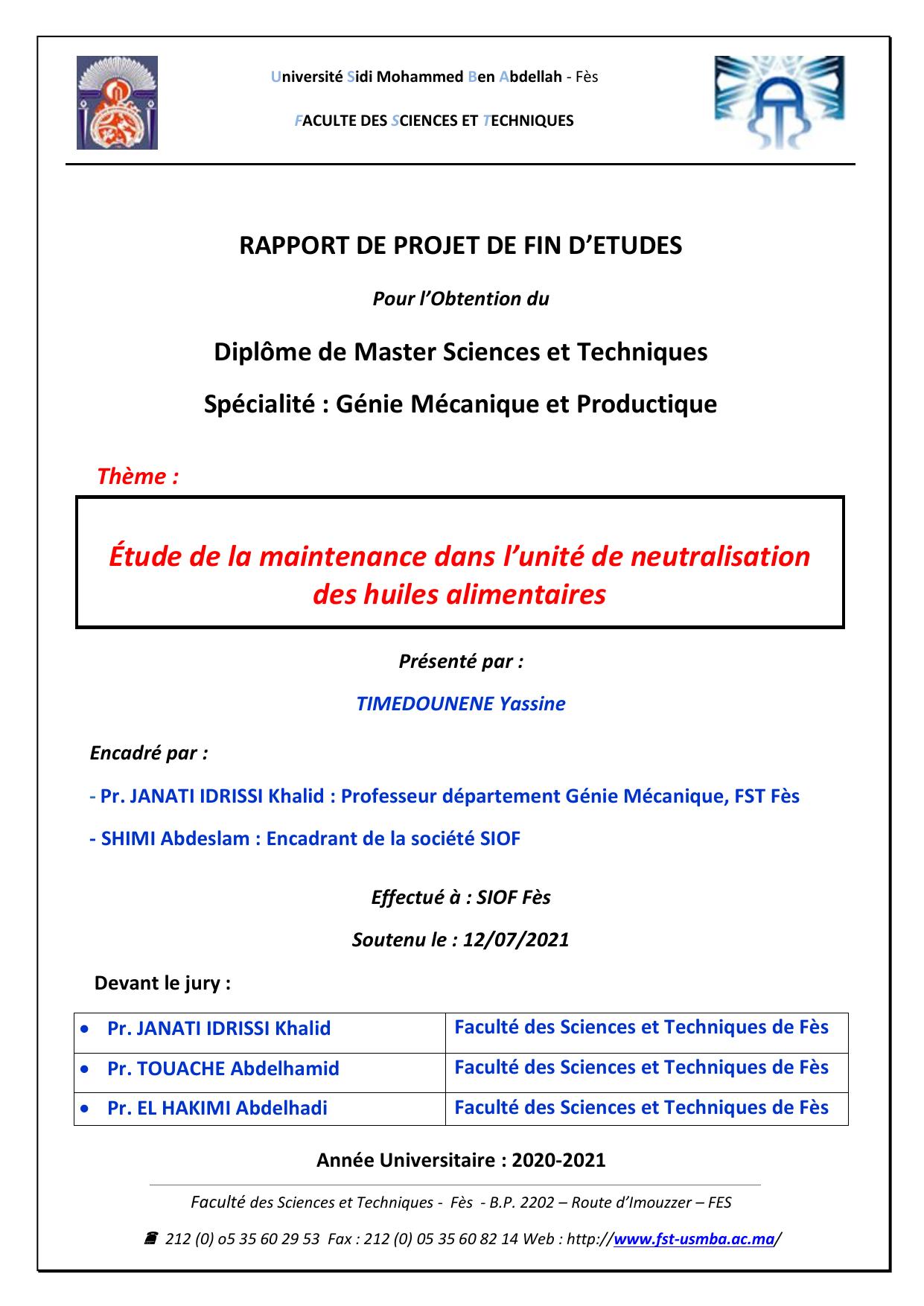 Étude de la maintenance dans l’unité de neutralisation des huiles alimentaires