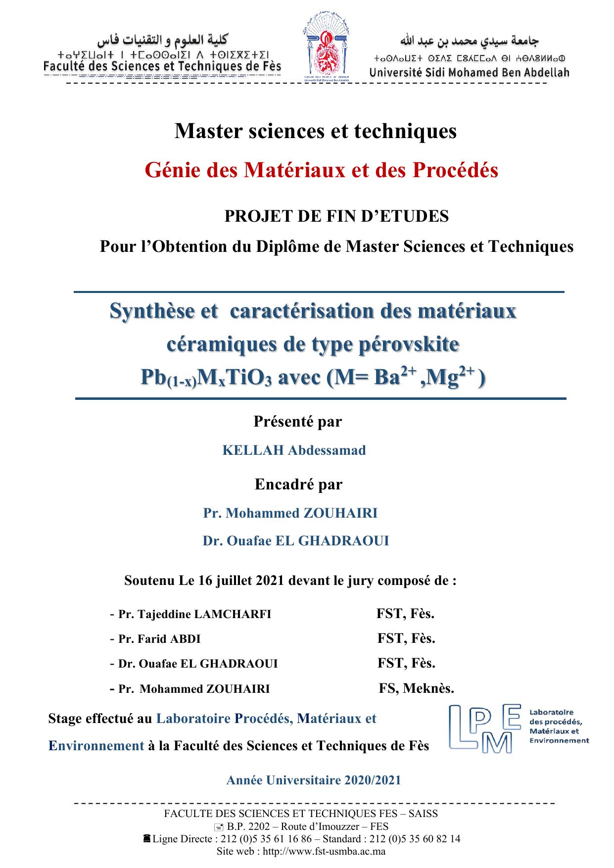 Synthèse et caractérisation des matériaux céramiques de type pérovskite Pb(1-x)MxTiO3 avec (M= Ba2+ ,Mg2+ )