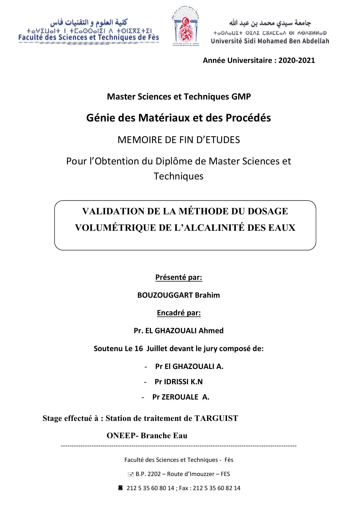 VALIDATION DE LA MÉTHODE DU DOSAGE VOLUMÉTRIQUE DE L’ALCALINITÉ DES EAUX