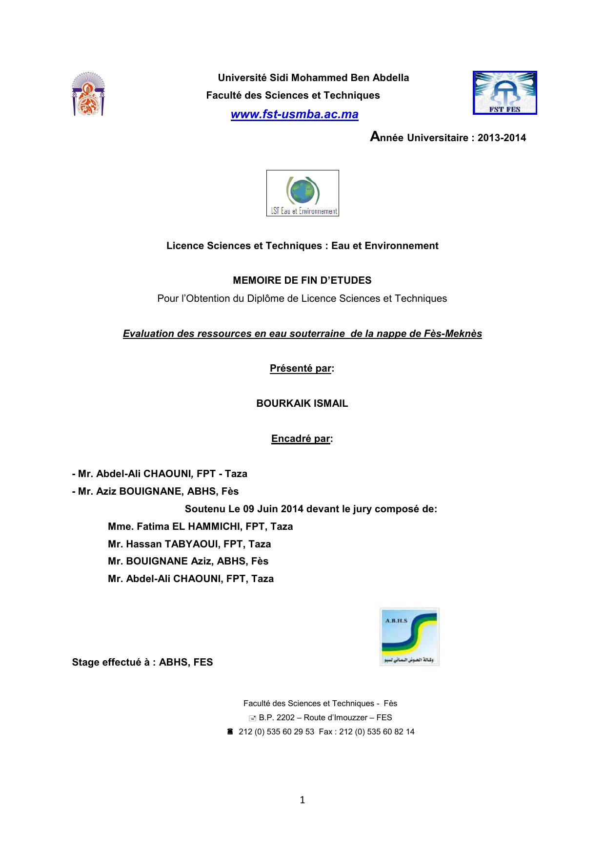Evaluation des ressources en eau souterraine de la nappe de Fès-Meknès