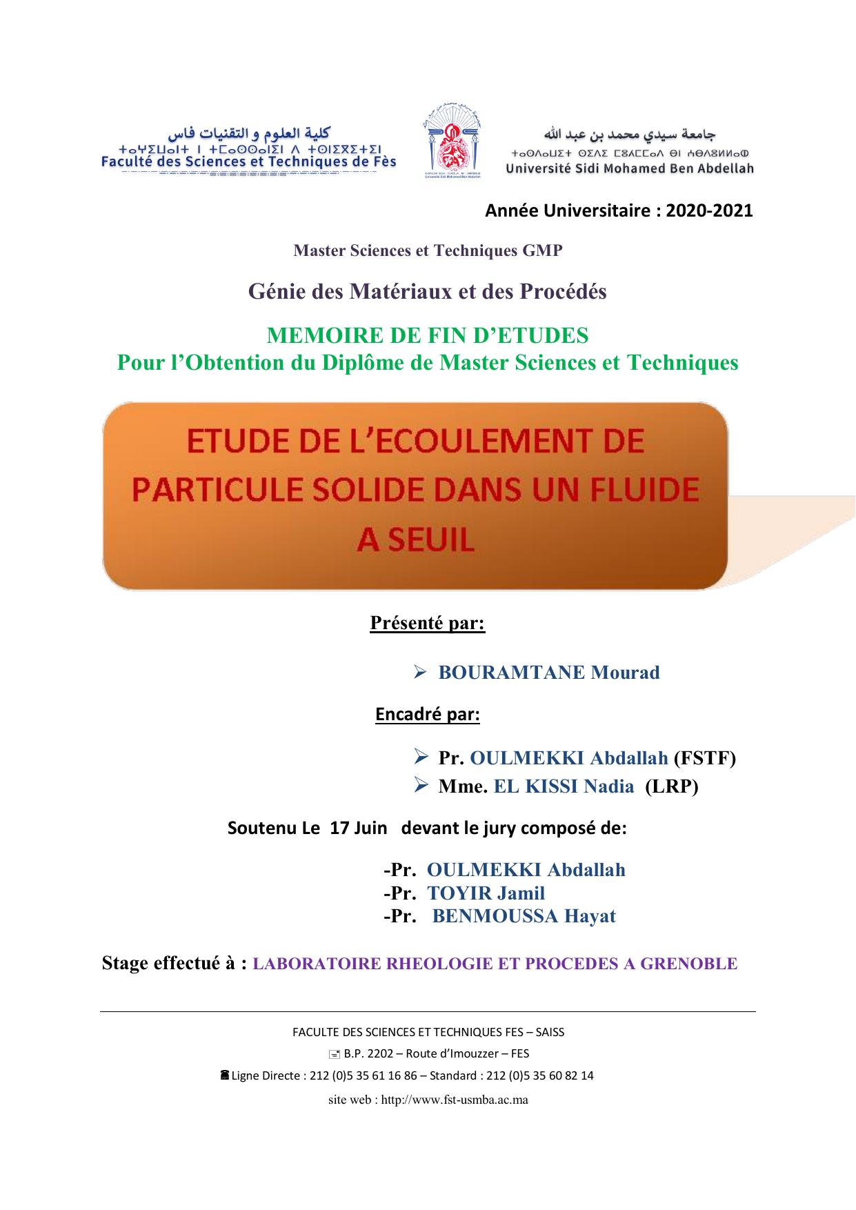 Etude de l’écoulement de particule solide dans un fluide à seuil