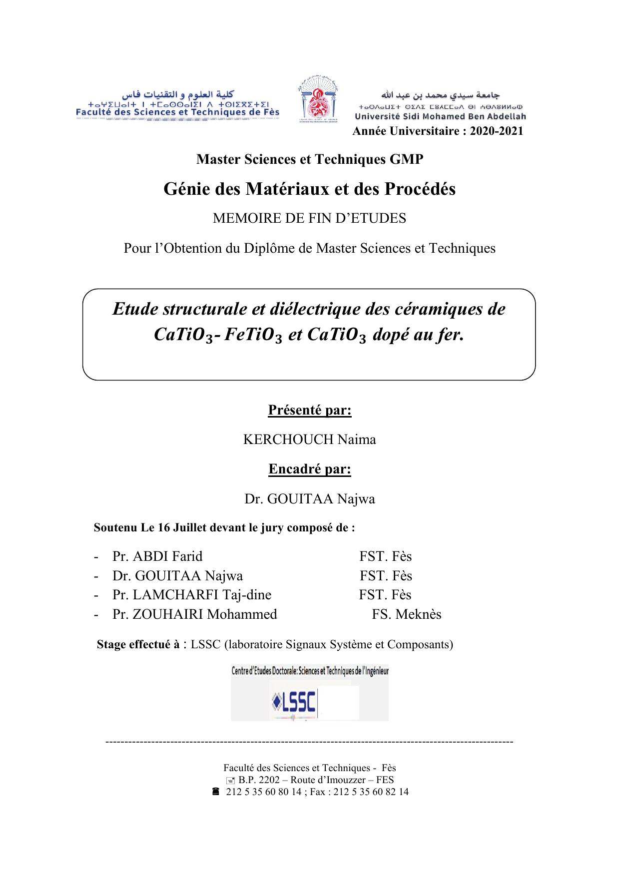 Etude structurale et diélectrique des céramiques de CaTi𝑶𝟑- FeTi𝑶𝟑 et CaTi𝑶𝟑 dopé au fer.