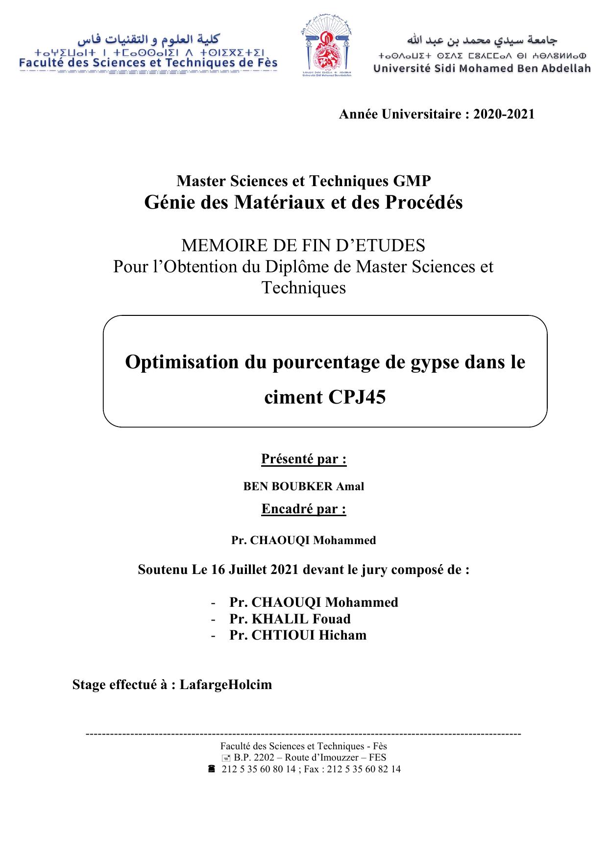 Optimisation du pourcentage de gypse dans le ciment CPJ45