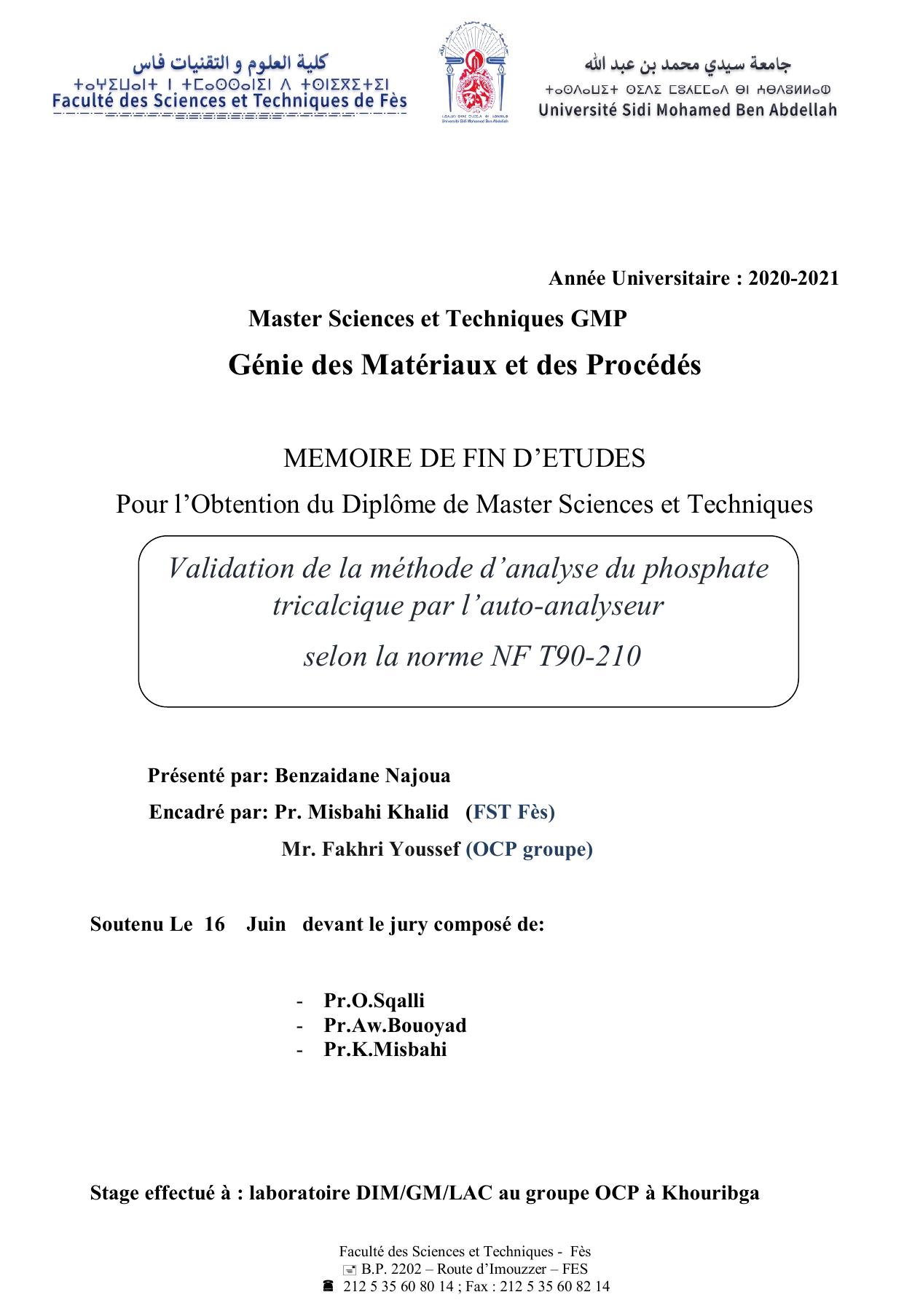 Validation de la méthode d’analyse du phosphate tricalcique par l’auto-analyseur selon la norme NF T90-210