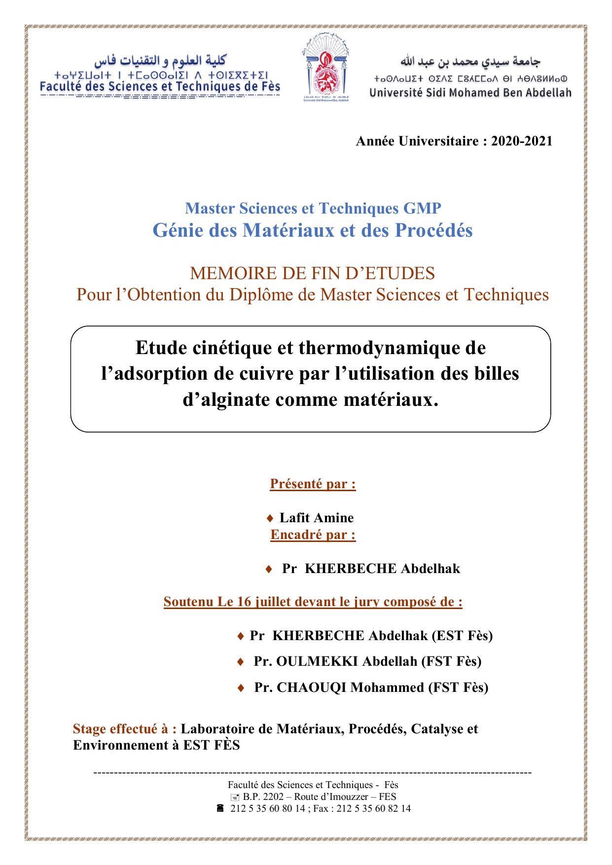 Etude cinétique et thermodynamique de l’adsorption de cuivre par l’utilisation des billes d’alginate comme matériaux