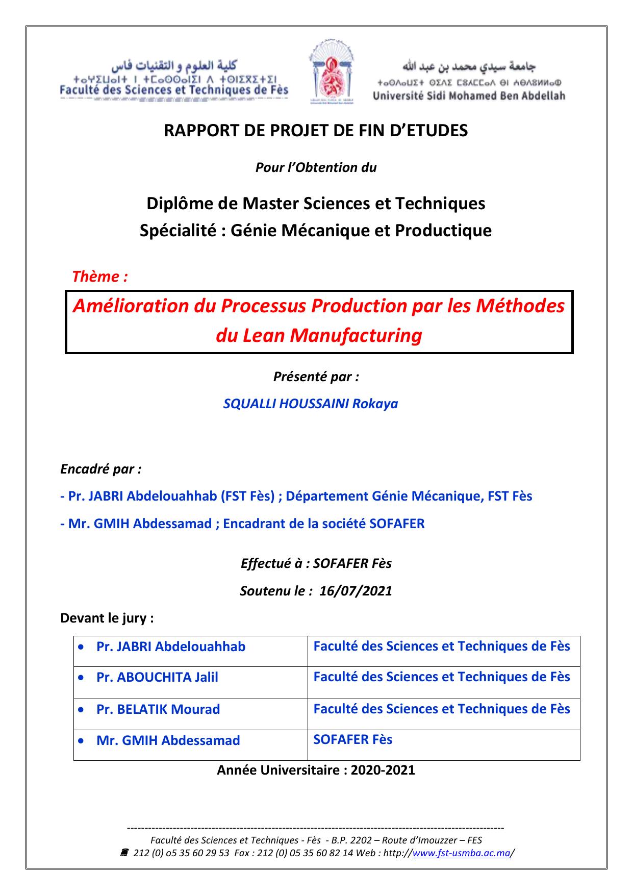 Amélioration du Processus Production par les Méthodes du Lean Manufacturing