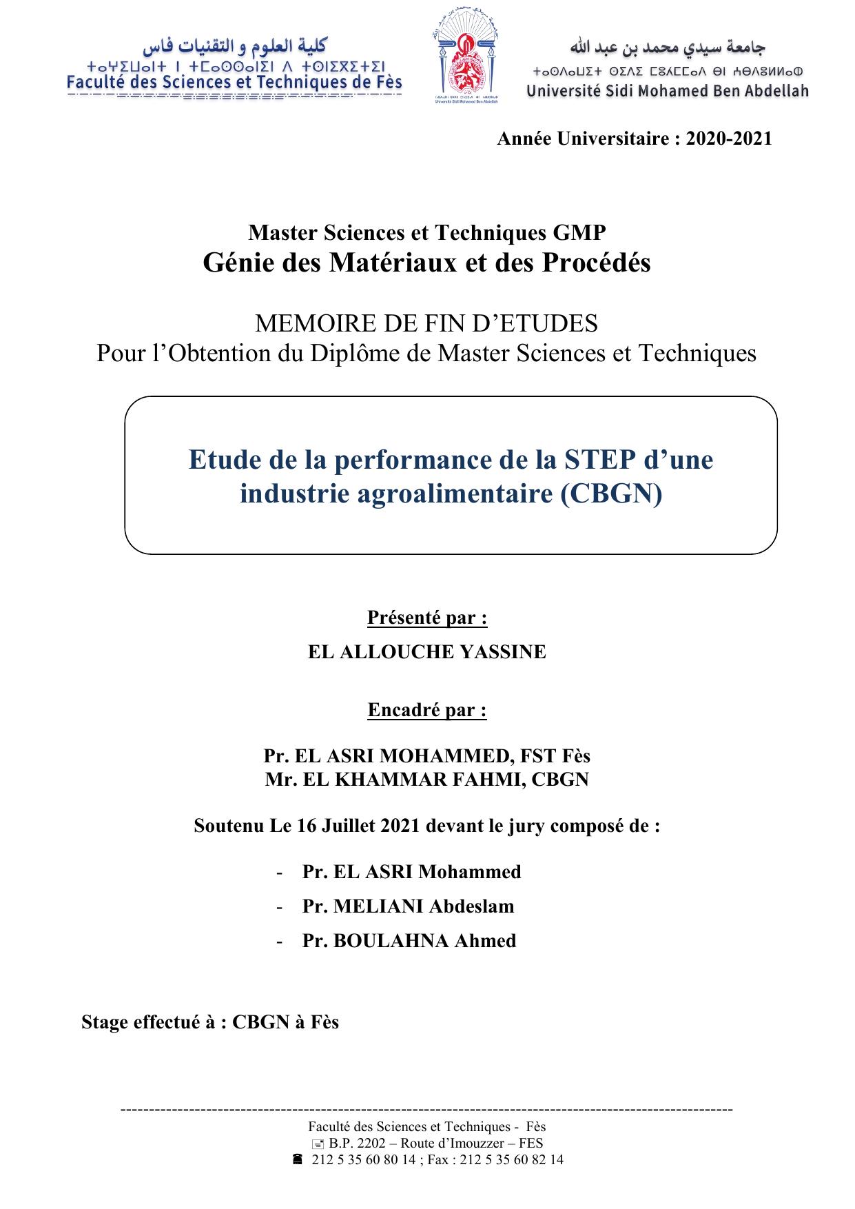 Etude de la performance de la STEP d’une industrie agroalimentaire (CBGN)