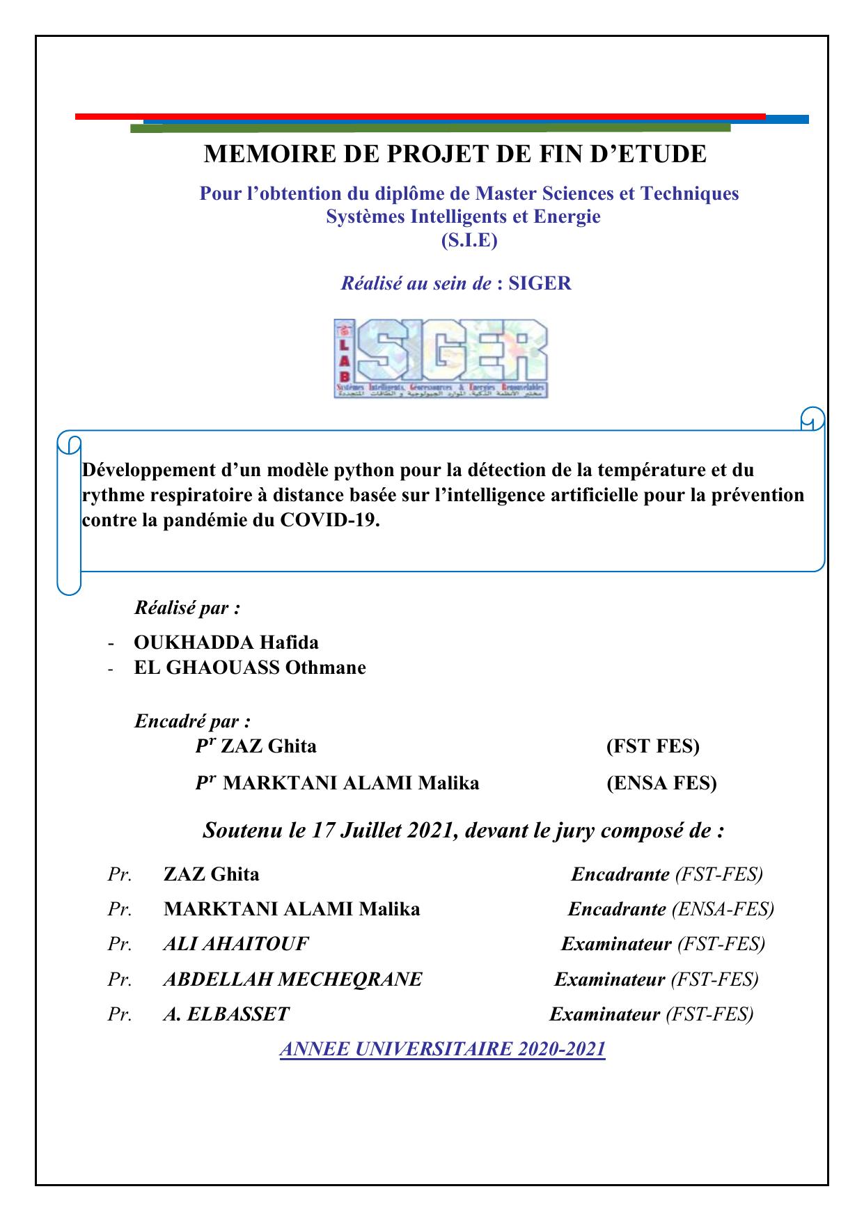 Développement d’un modèle python pour la détection de la température et du rythme respiratoire à distance basée sur l’intelligence artificielle pour la prévention contre la pandémie du COVID-19.