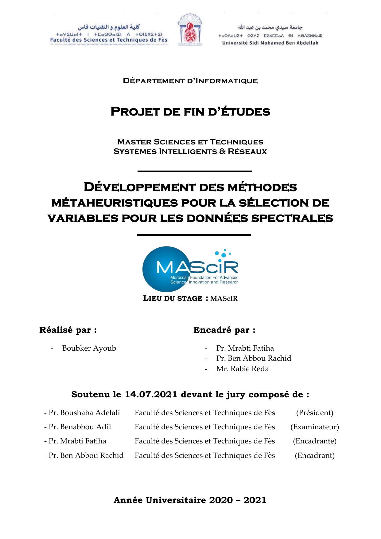 Développement des méthodes métaheuristiques pour la sélection de variables pour les données spectrales