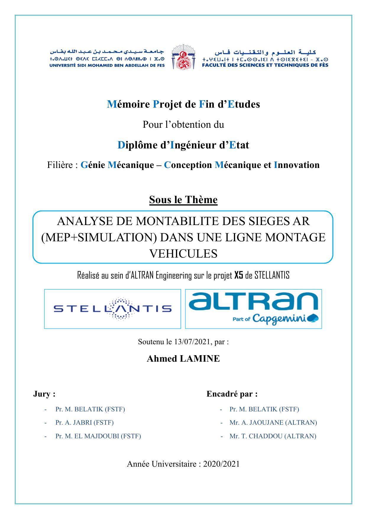 ANALYSE DE MONTABILITE DES SIEGES AR (MEP+SIMULATION) DANS UNE LIGNE MONTAGE VEHICULES