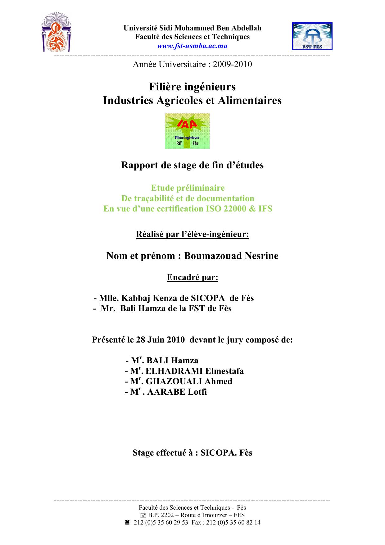 Etude préliminaire De traçabilité et de documentation En vue d’une certification ISO 22000 & IFS