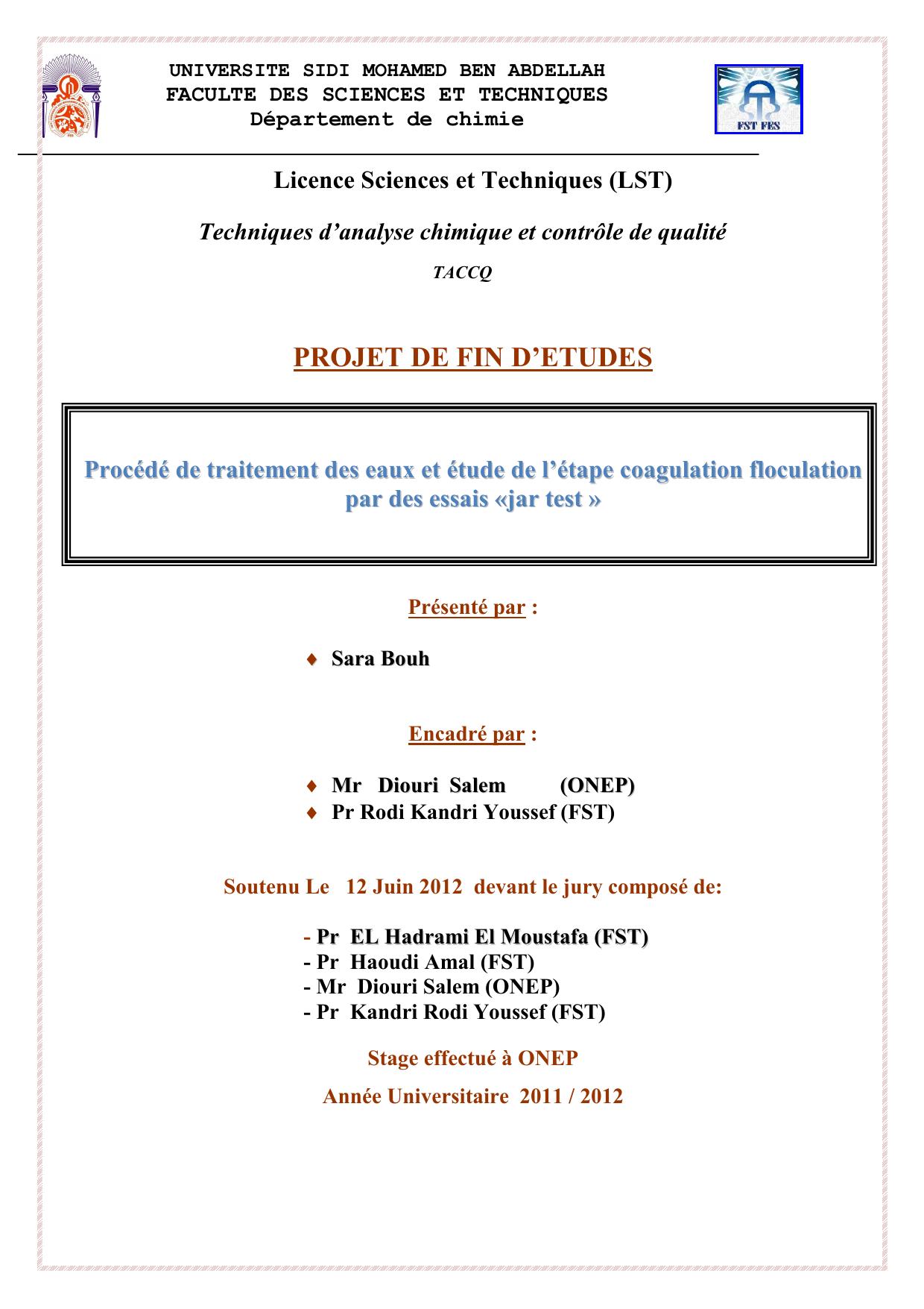 Procédé de traitement des eaux et étude de l’étape coagulation floculation par des essais «jar test »