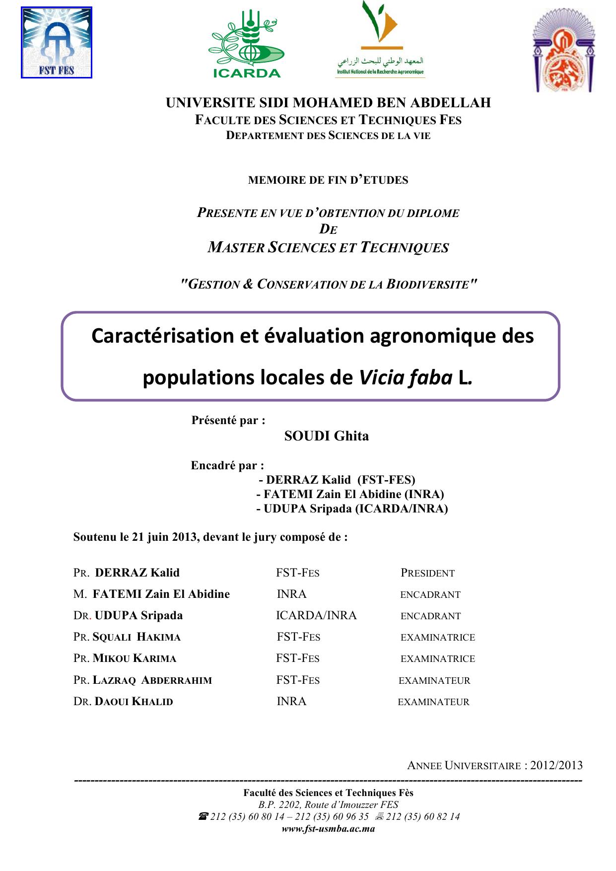 Caractérisation et évaluation agronomique des populations locales de Vicia faba L.