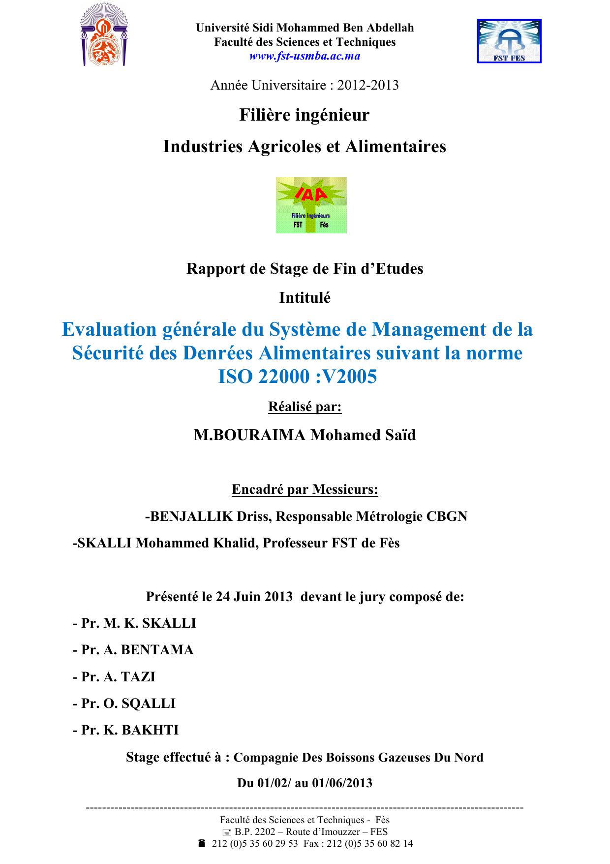 Evaluation générale du Système de Management de la Sécurité des Denrées Alimentaires suivant la norme ISO 22000 :V2005