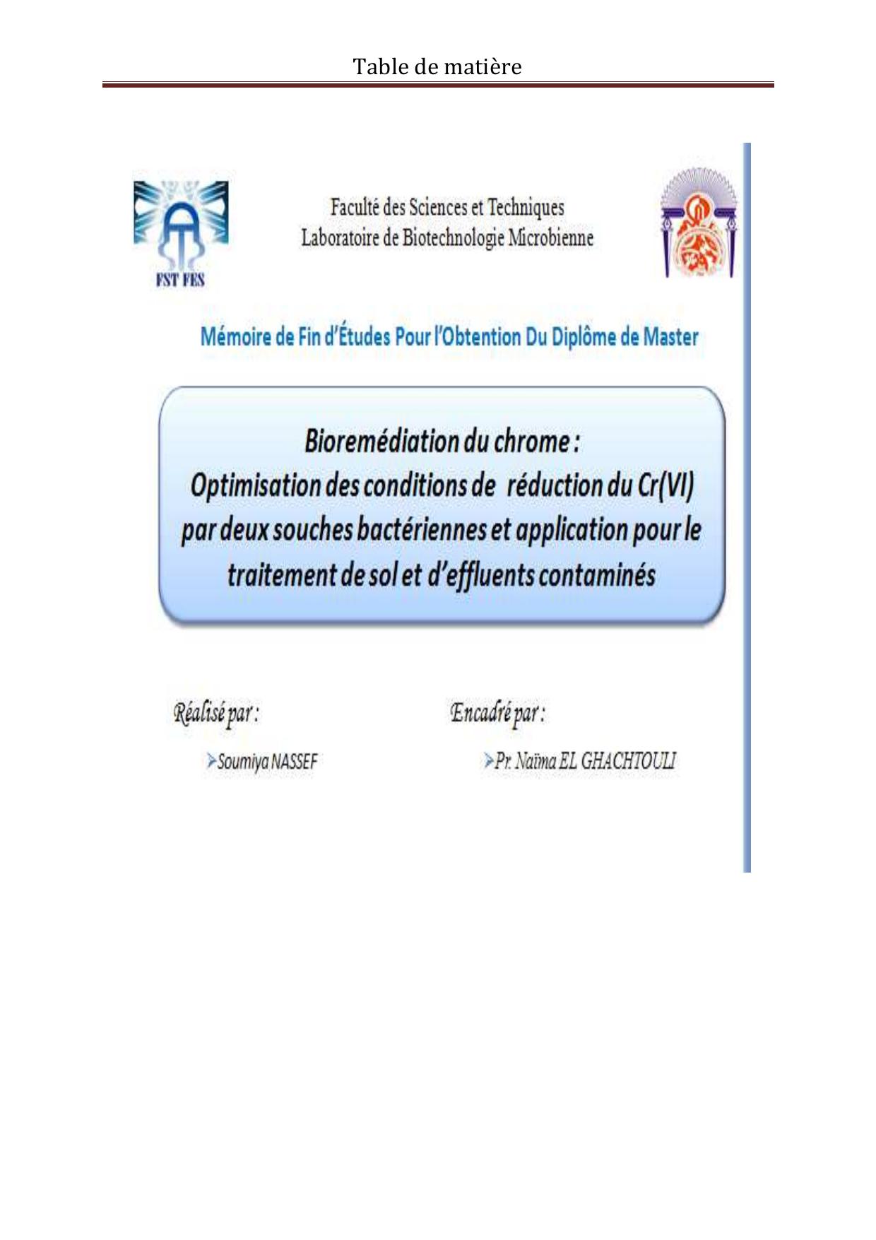 Biomédiation du chrome: Optimisation des conditions de réduction du Cr (VI) par deux souches bactériennes et application pour le traitement de sol et d'effluents contaminés