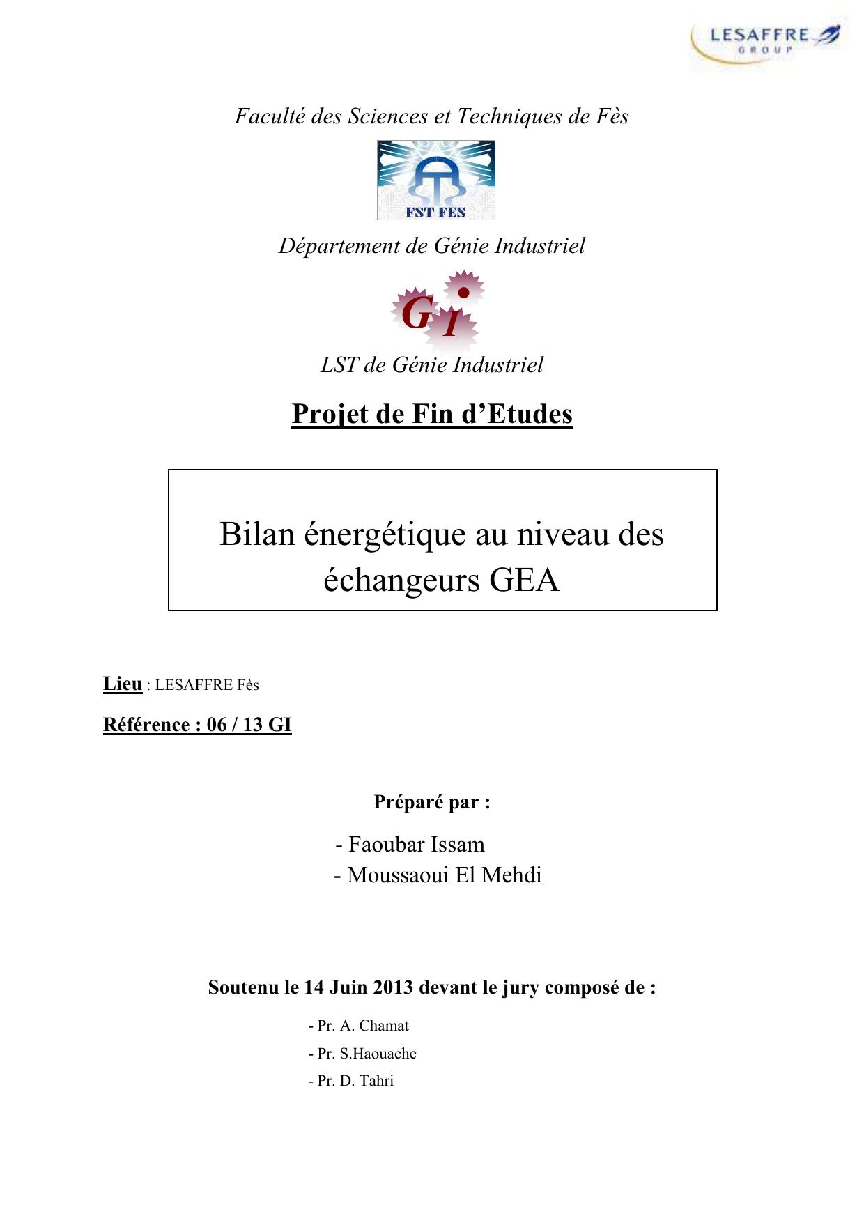 Bilan énergétique au niveau des échangeurs GEA