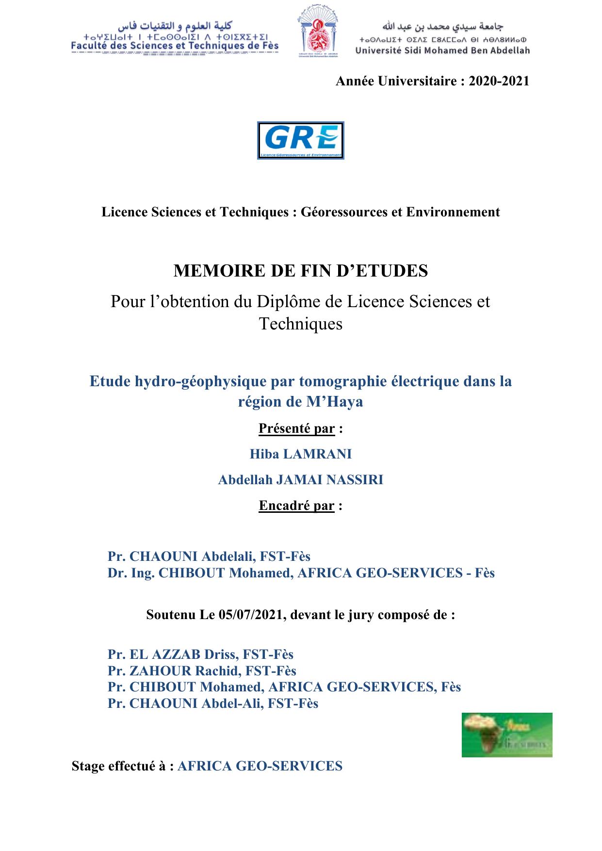 PFE-ETUDE HYDROGEOHYSIQUE PAR TOMOGRAPHIES ELECTRIQUES DANS LA REGION DE M'HAYA