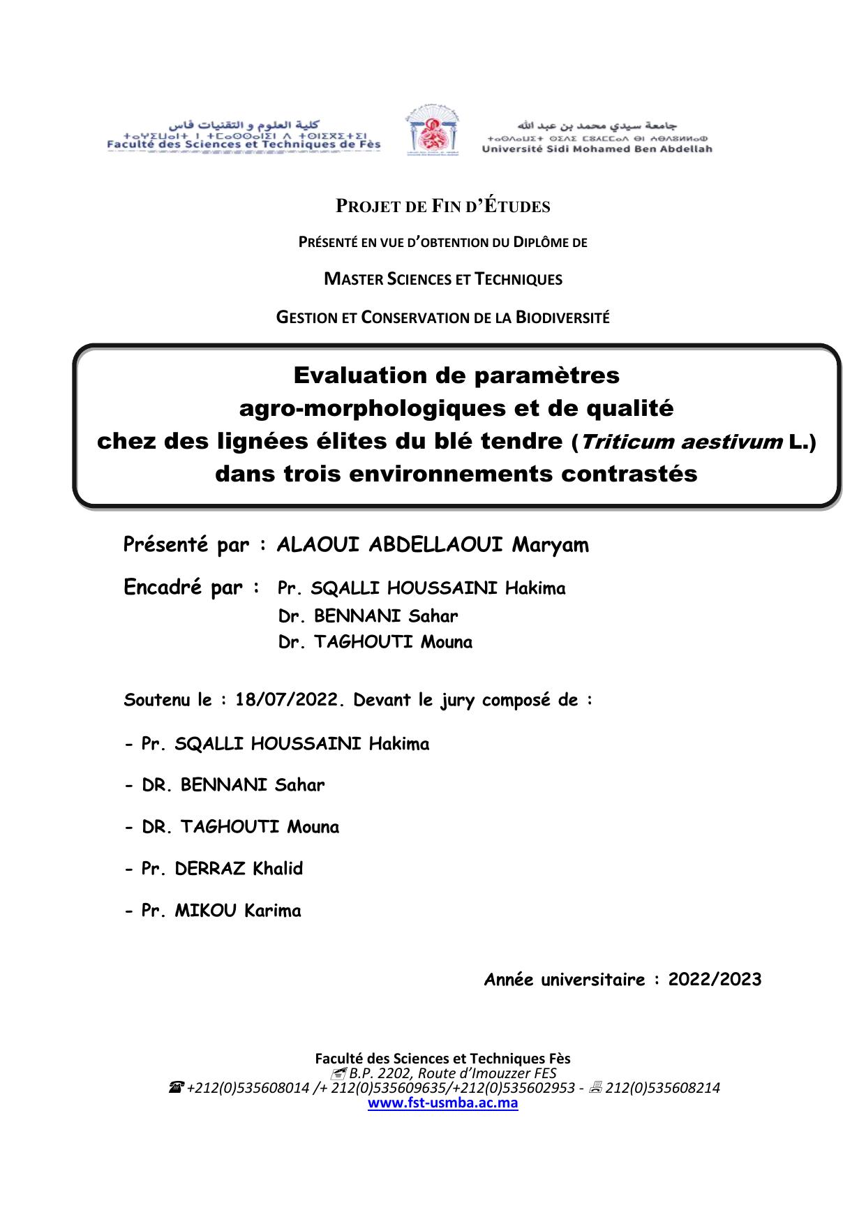 Evaluation de paramètres agro-morphologiques et de qualité chez des lignées élites du blé tendre (Triticum aestivum L.) dans trois environnements contrastés