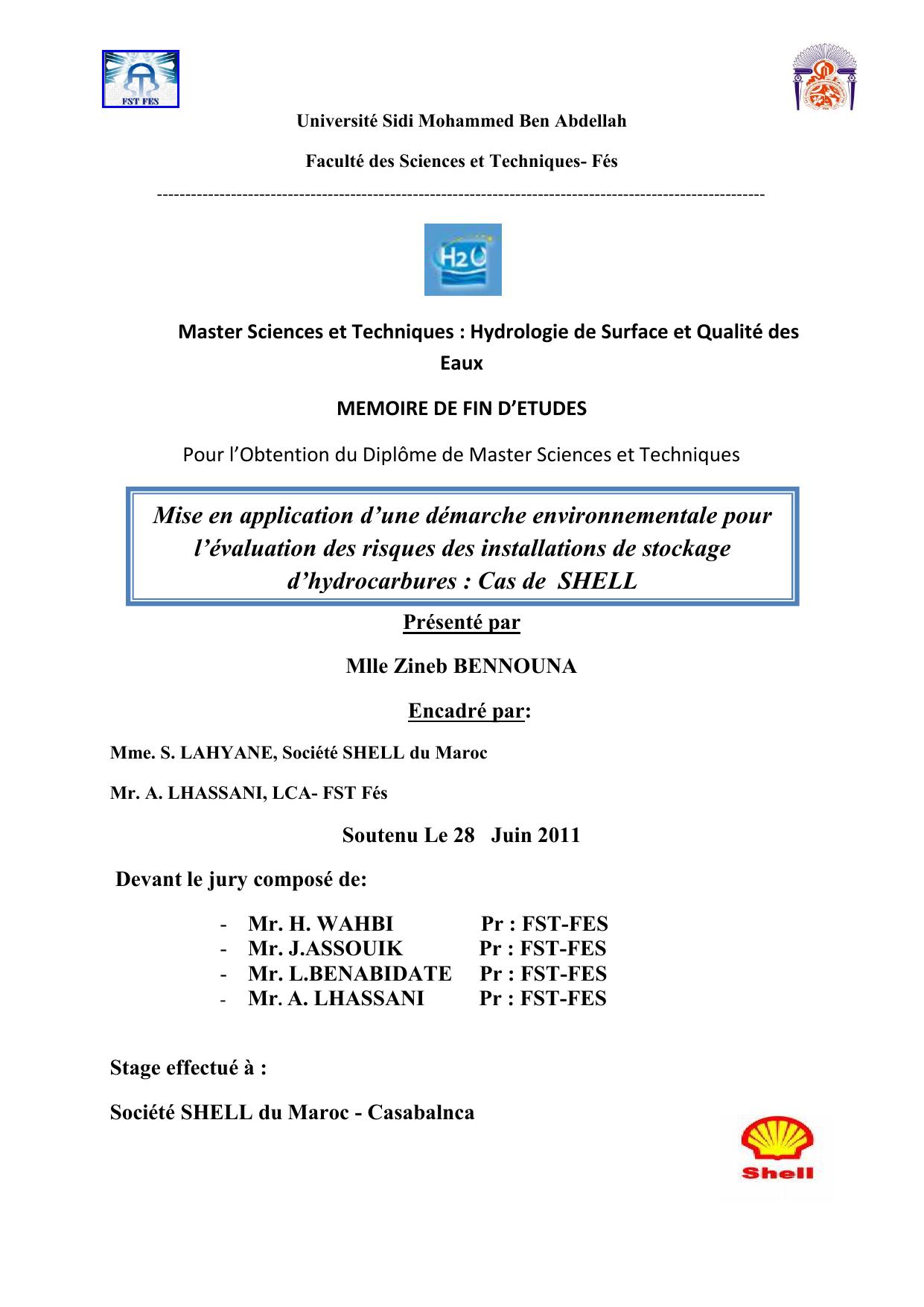 Mise en application d’une démarche environnementale pour l’évaluation des risques des installations de stockage d’hydrocarbures : Cas de SHELL