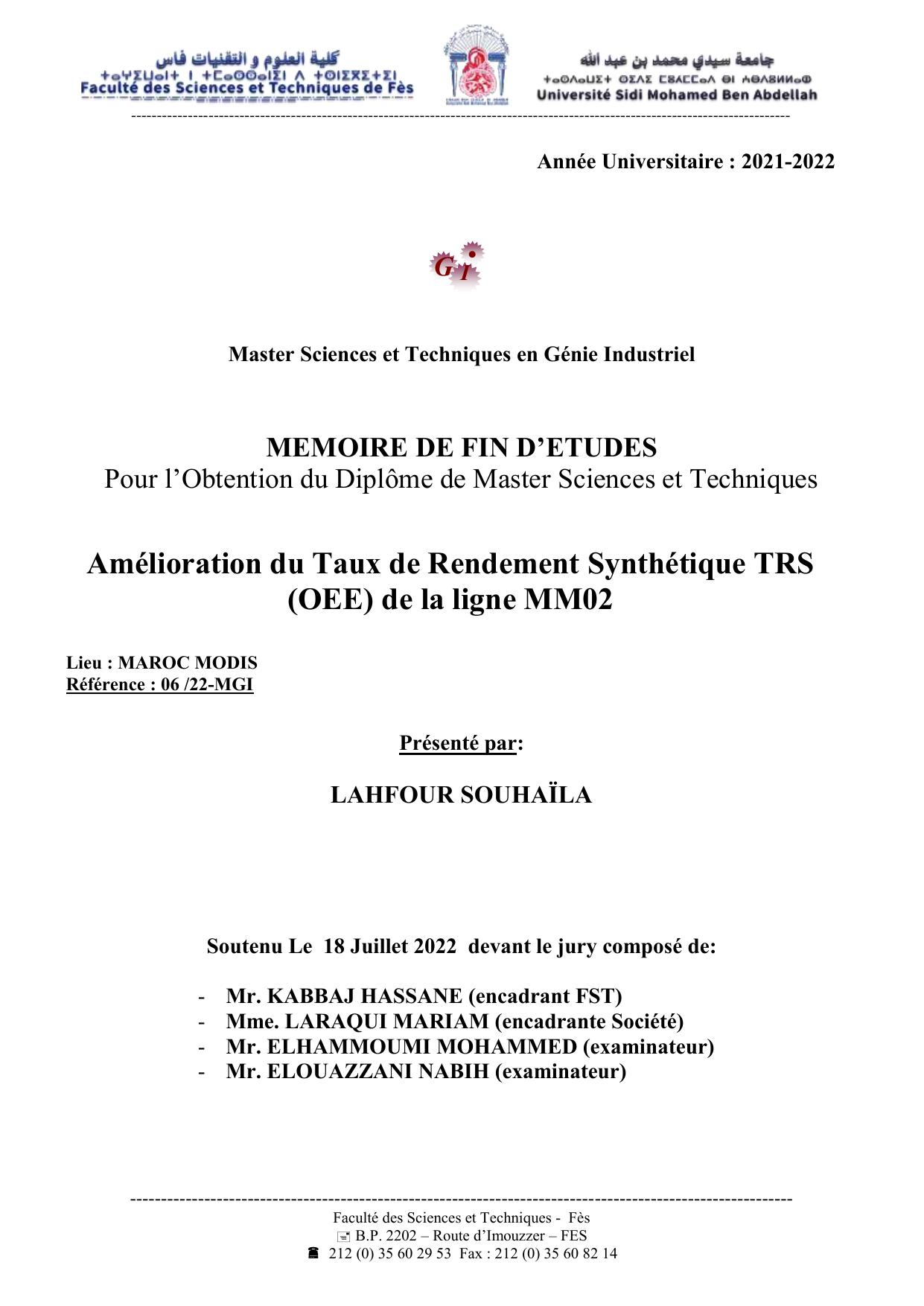Amélioration du Taux de Rendement Synthétique TRS (OEE) de la ligne MM02