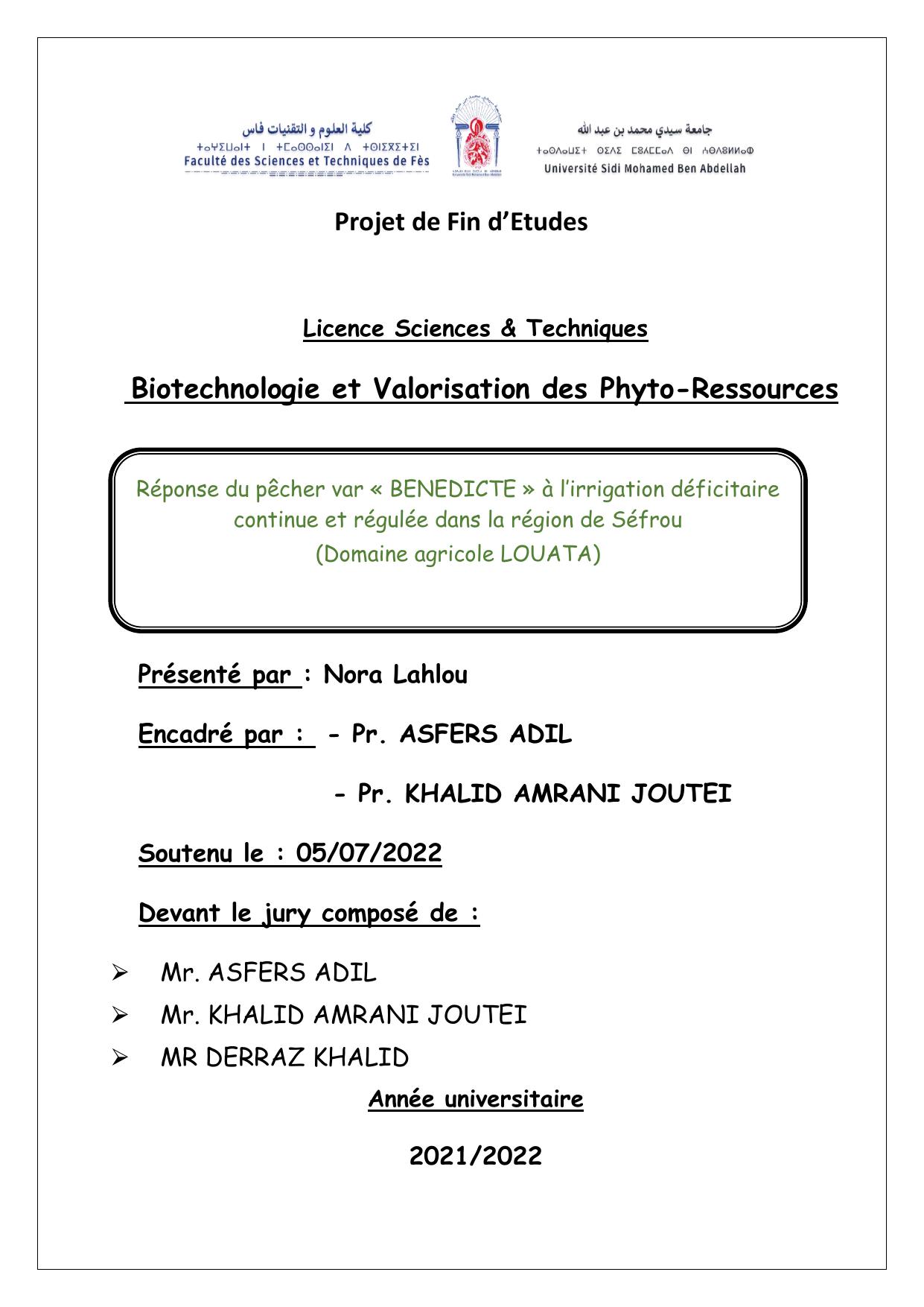 Réponse du pêcher var « BENEDICTE » à l’irrigation déficitaire continue et régulée dans la région de Séfrou (Domaine agricole LOUATA)