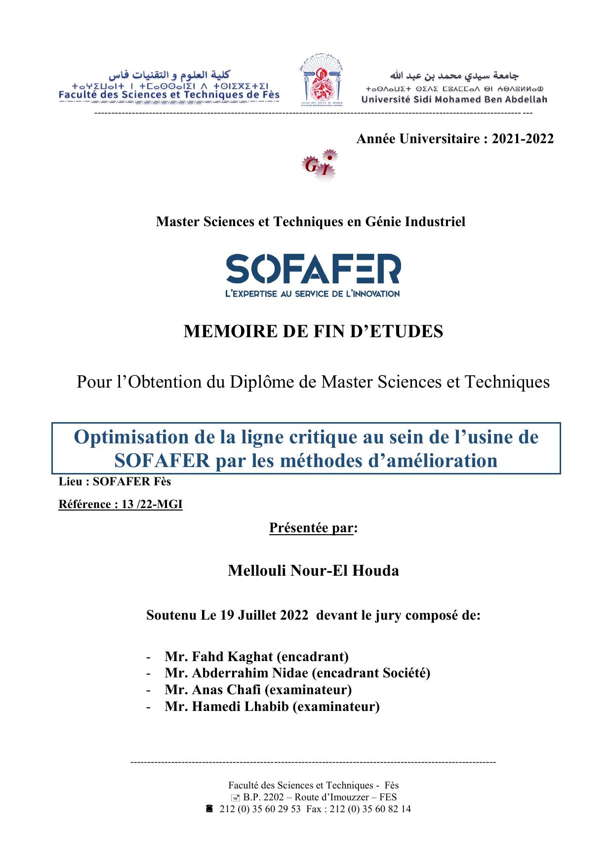 Optimisation de la ligne critique au sein de l’usine de SOFAFER par les méthodes d’amélioration