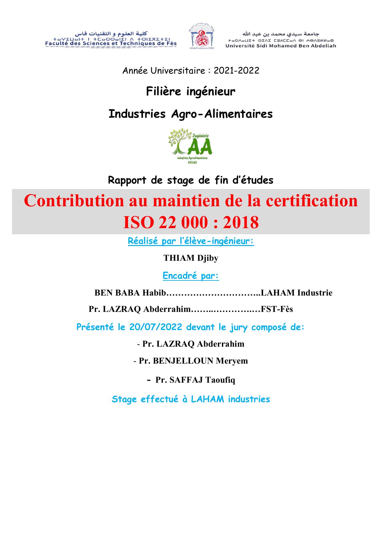 Contribution au maintien de la certification ISO 22 000 : 2018