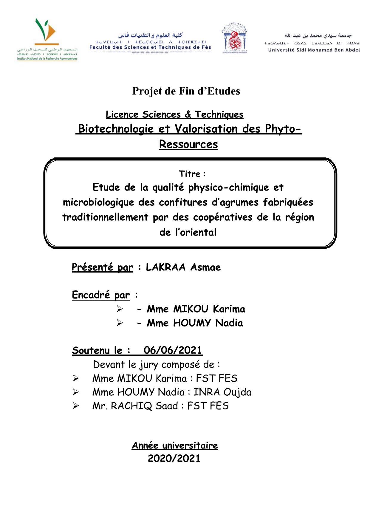 Etude de la qualité physico-chimique et microbiologique des confitures d’agrumes fabriquées traditionnellement par des coopératives de la région de l’oriental