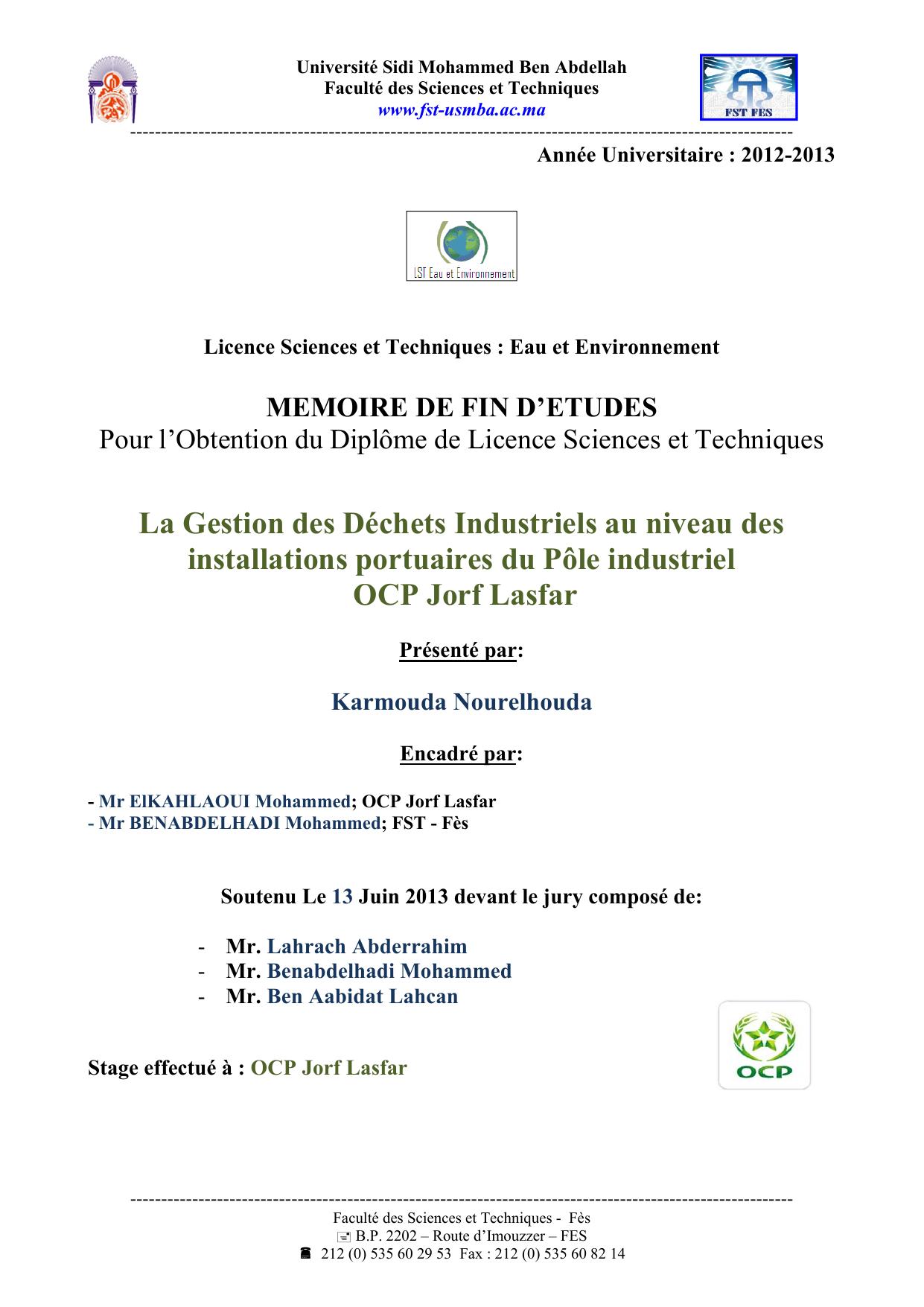 La Gestion des Déchets Industriels au niveau des installations portuaires du Pôle industriel OCP Jorf Lasfar