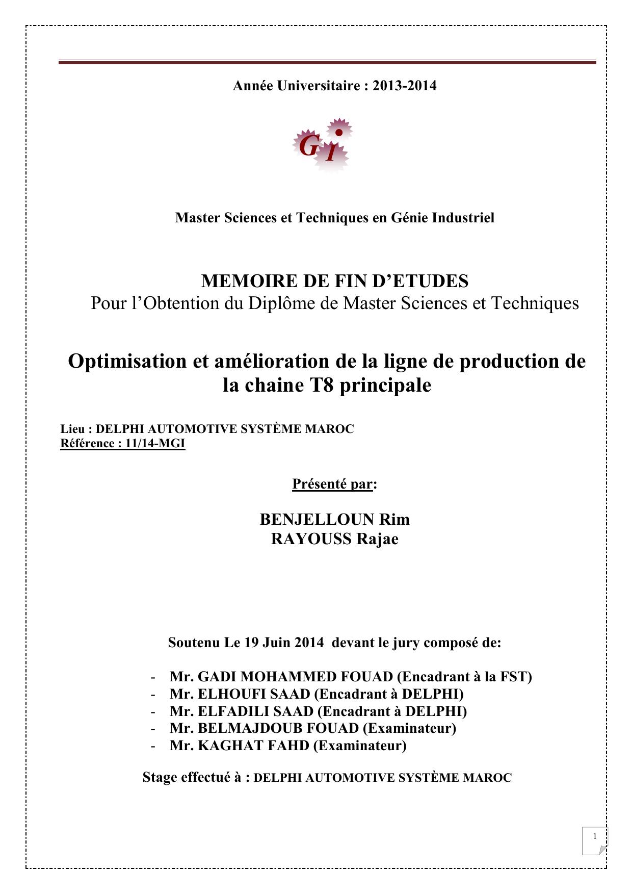 Optimisation et amélioration de la ligne de production de la chaine T8 principale