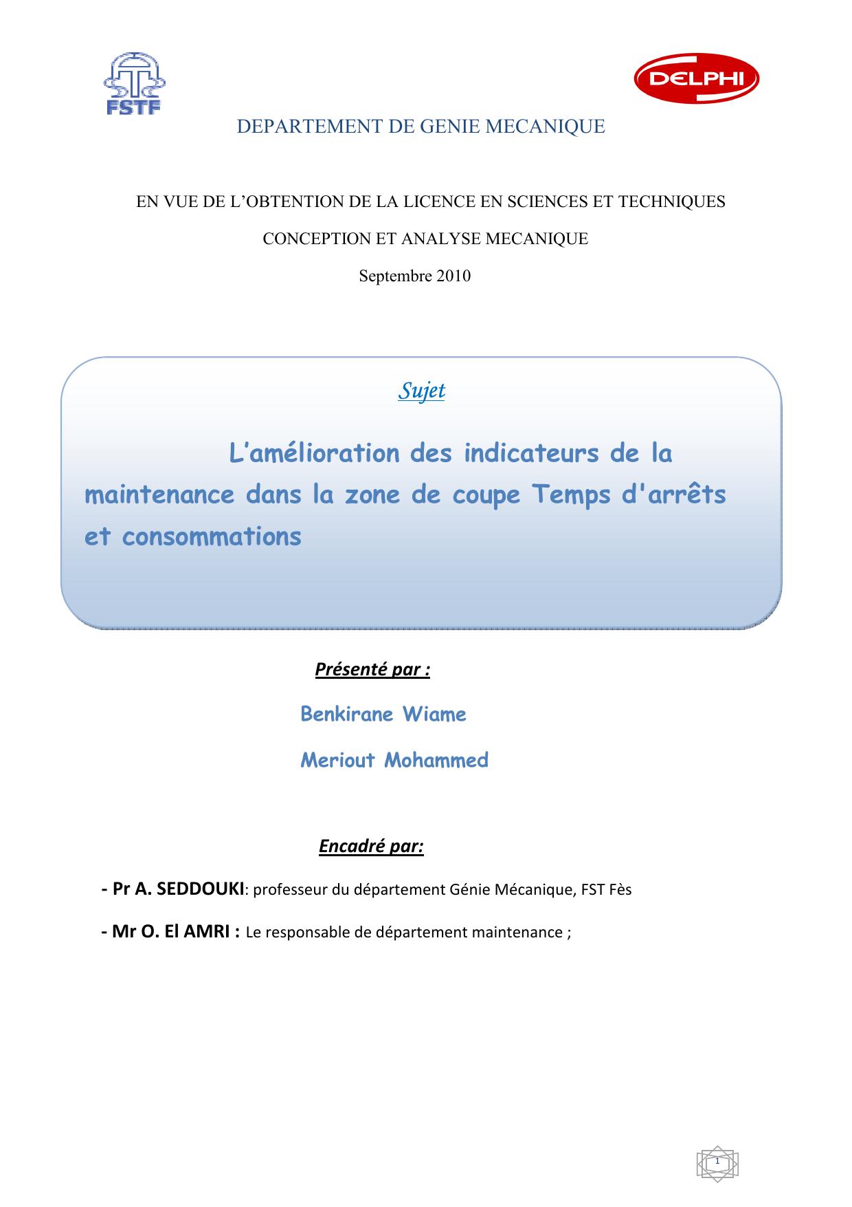 L’amélioration des indicateurs de la maintenance dans la zone de coupe Temps d'arrêts et consommations