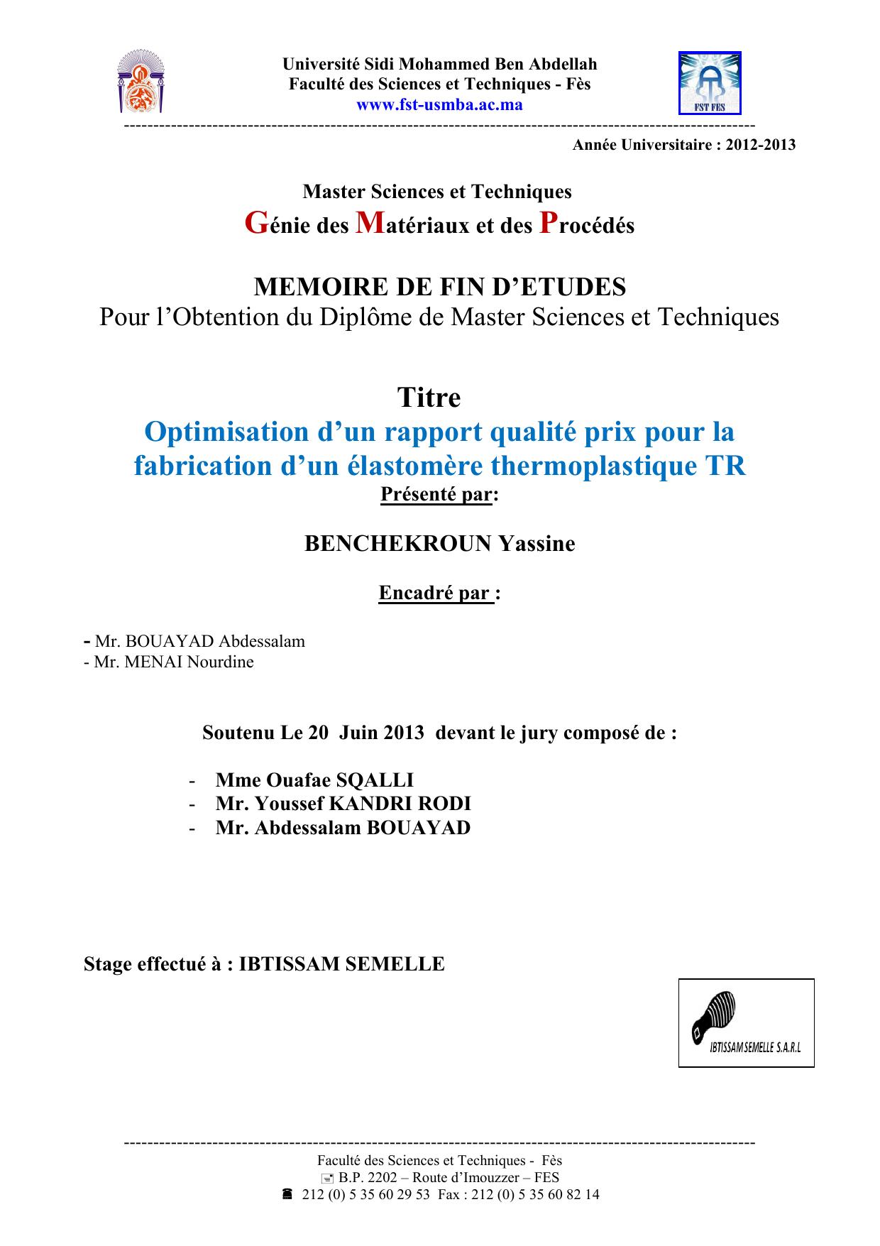 Optimisation d’un rapport qualité prix pour la fabrication d’un élastomère thermoplastique TR