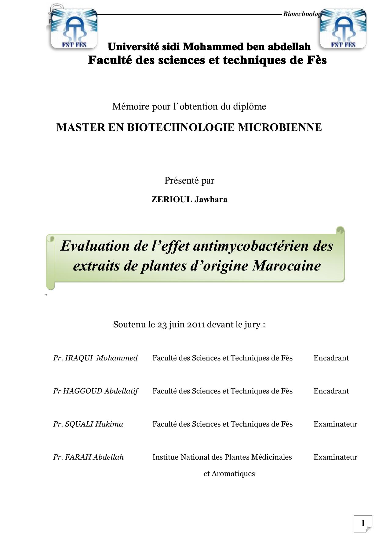 Evaluation de l’effet antimycobactérien des extraits de plantes d’origine Marocaine