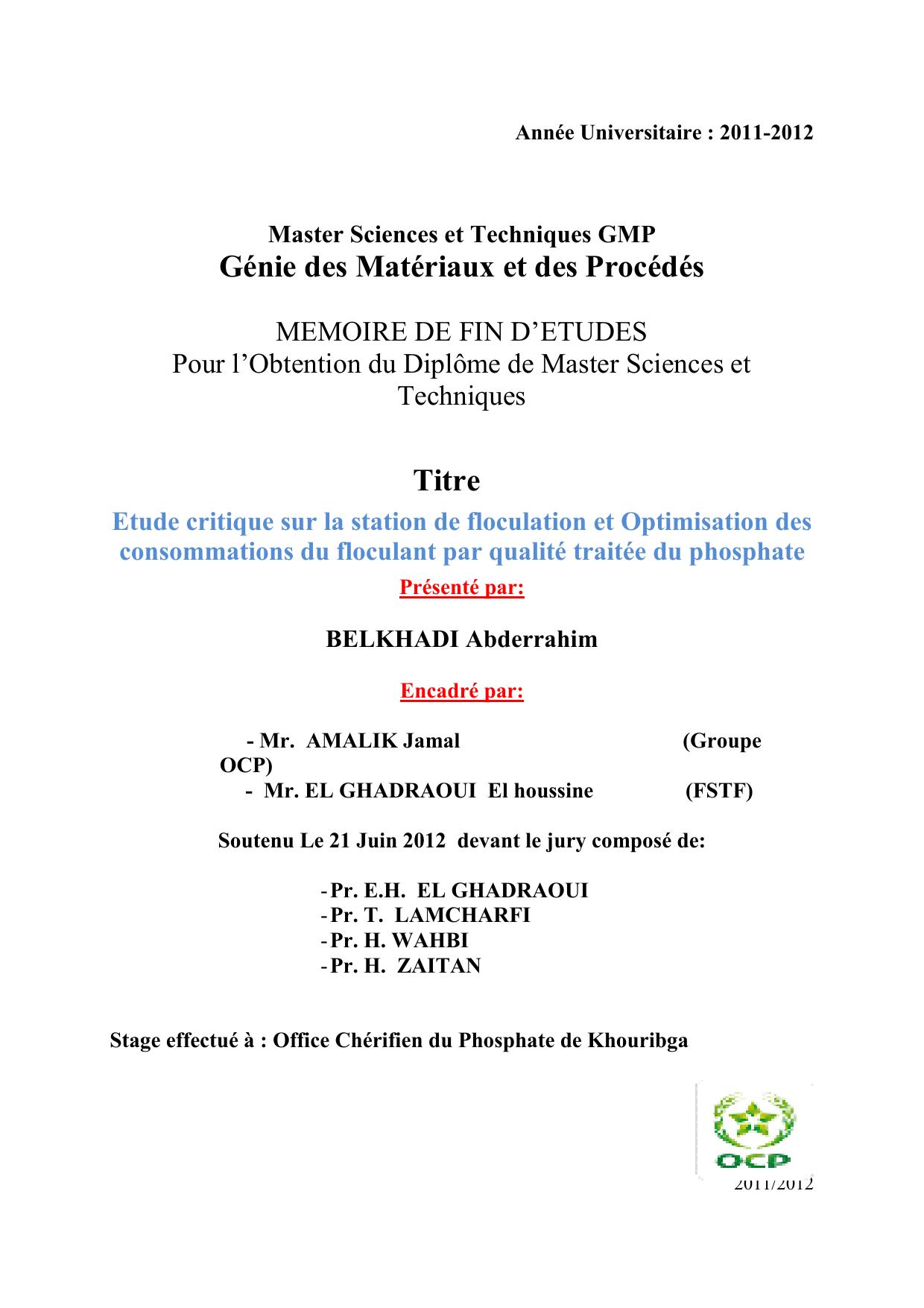 Etude critique sur la station de floculation et Optimisation des consommations du floculant par qualité traitée du phosphate