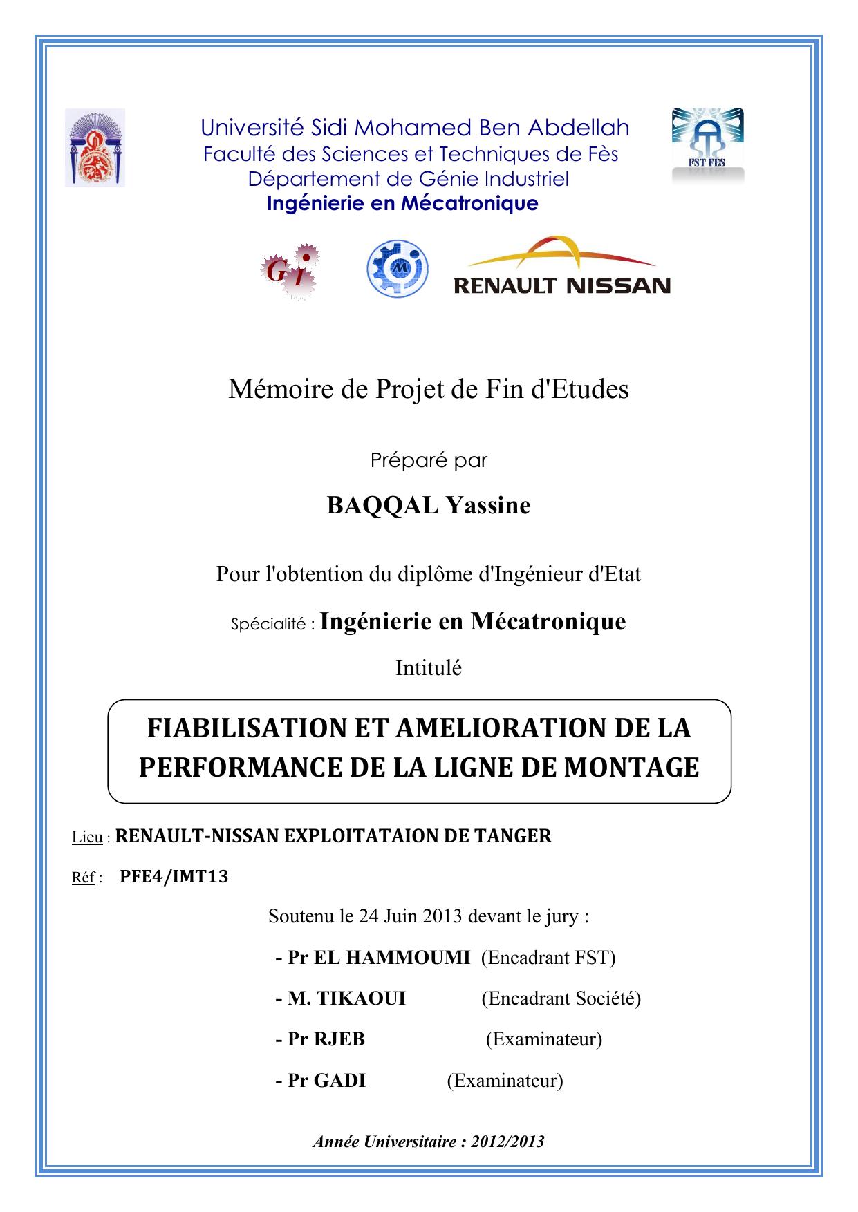 FIABILISATION ET AMELIORATION DE LA PERFORMANCE DE LA LIGNE DE MONTAGE